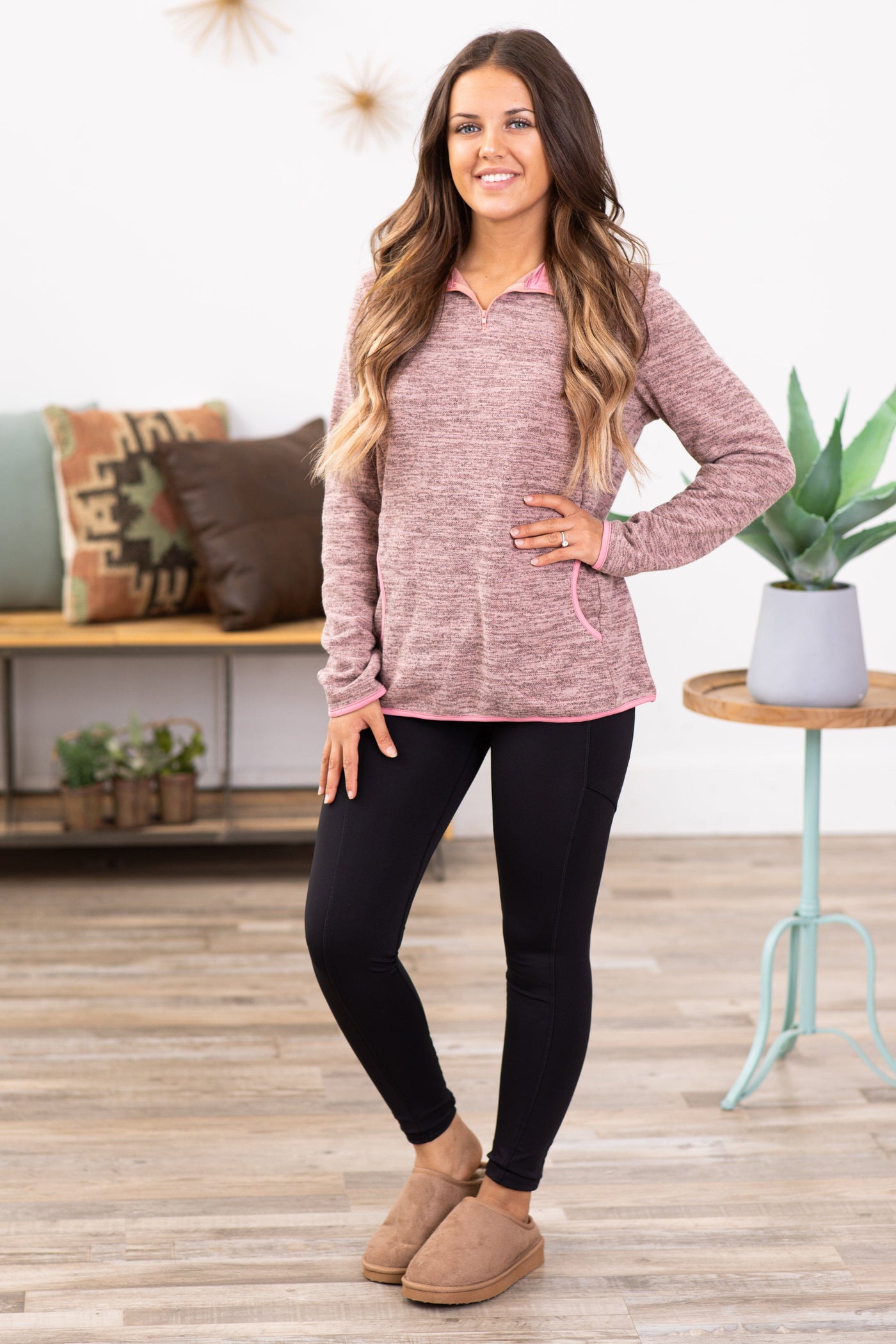 Dusty Rose Heathered 1/4 Zip Pull Over - Filly Flair