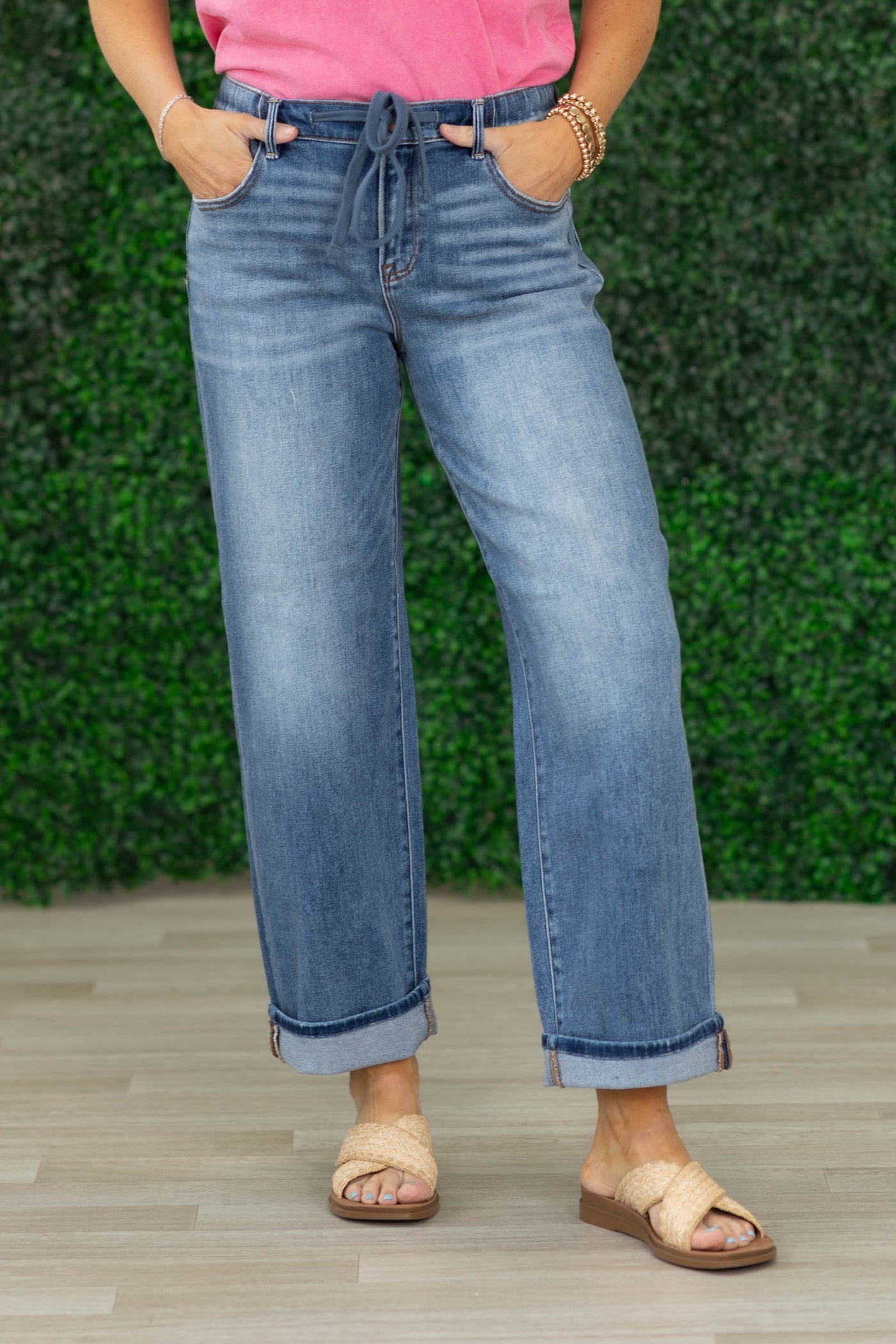 Risen Elastic Band Ankle Boyfriend Cuff Hem Jeans