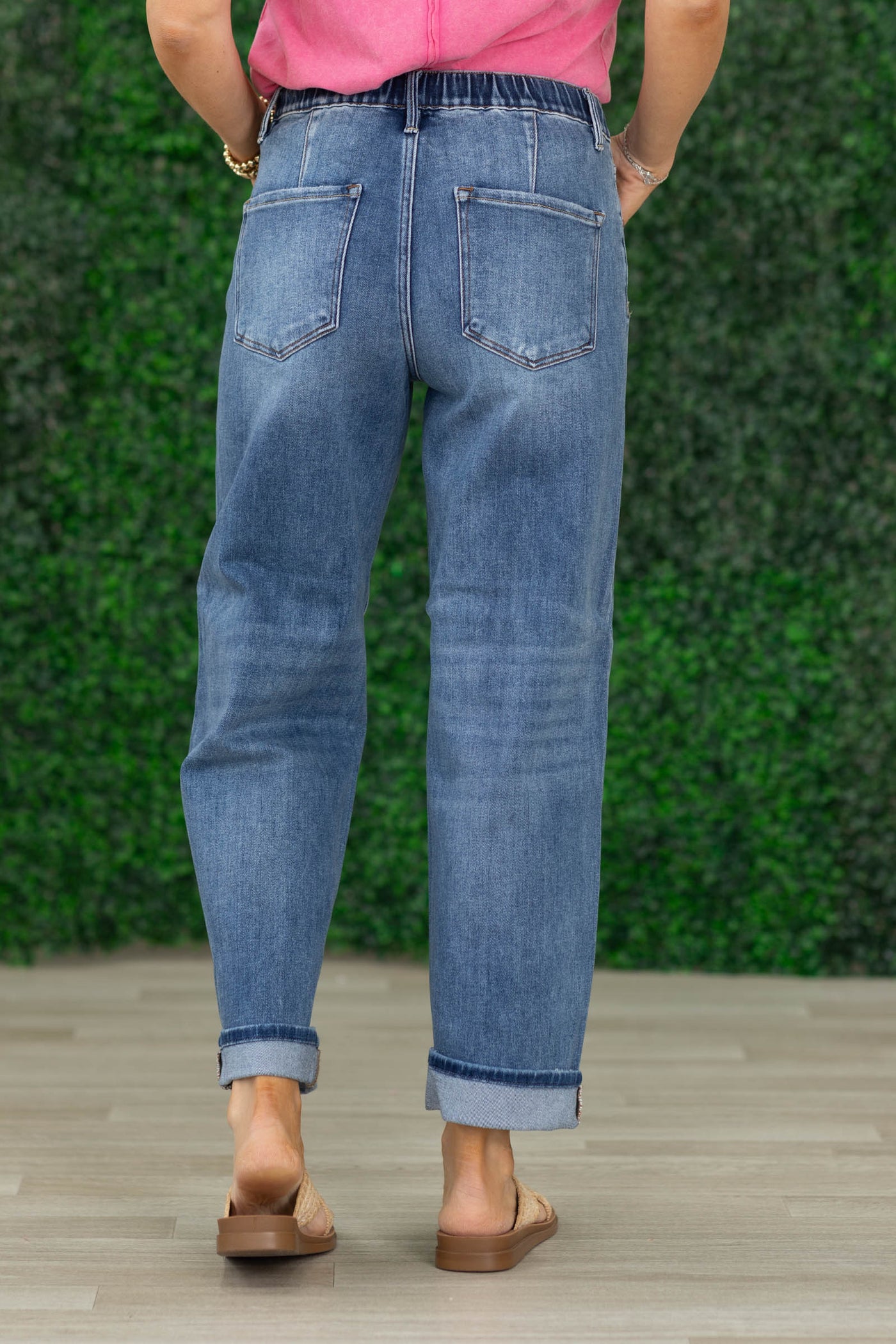 Risen Elastic Band Ankle Boyfriend Cuff Hem Jeans