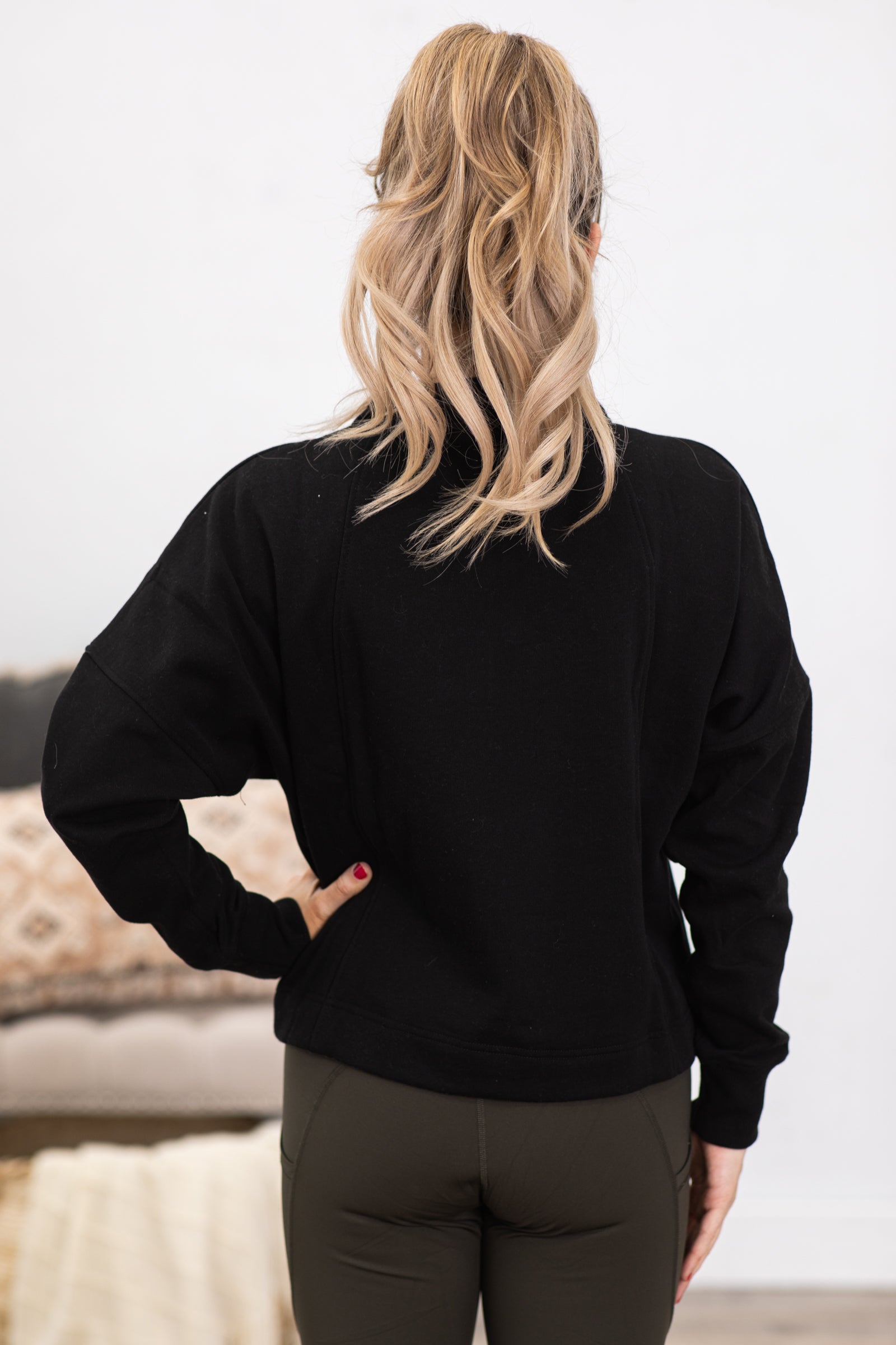 Black Plush Half-Zip Fleece Pullover Top