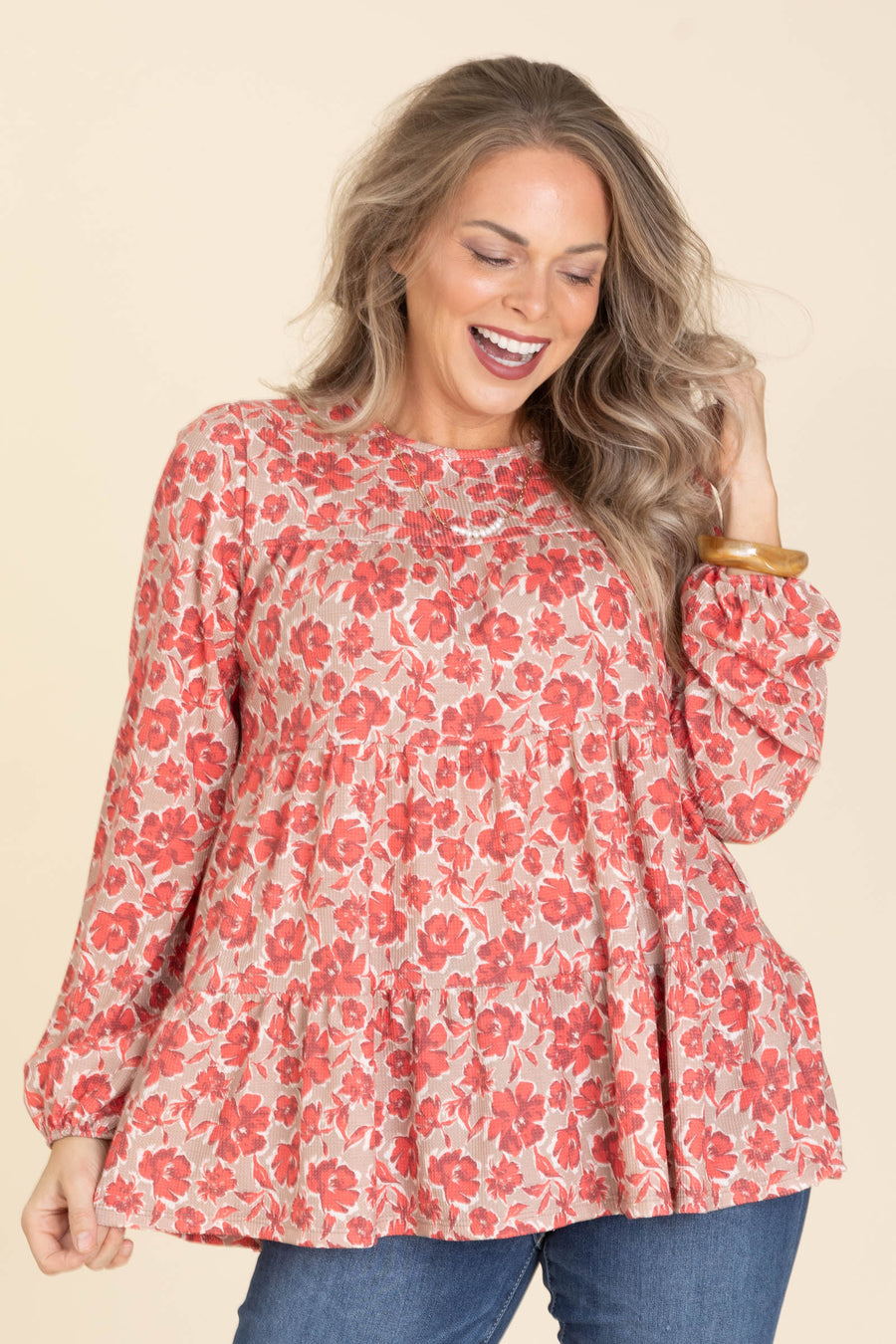 Taupe With Floral Crimson Babydoll Knit Top