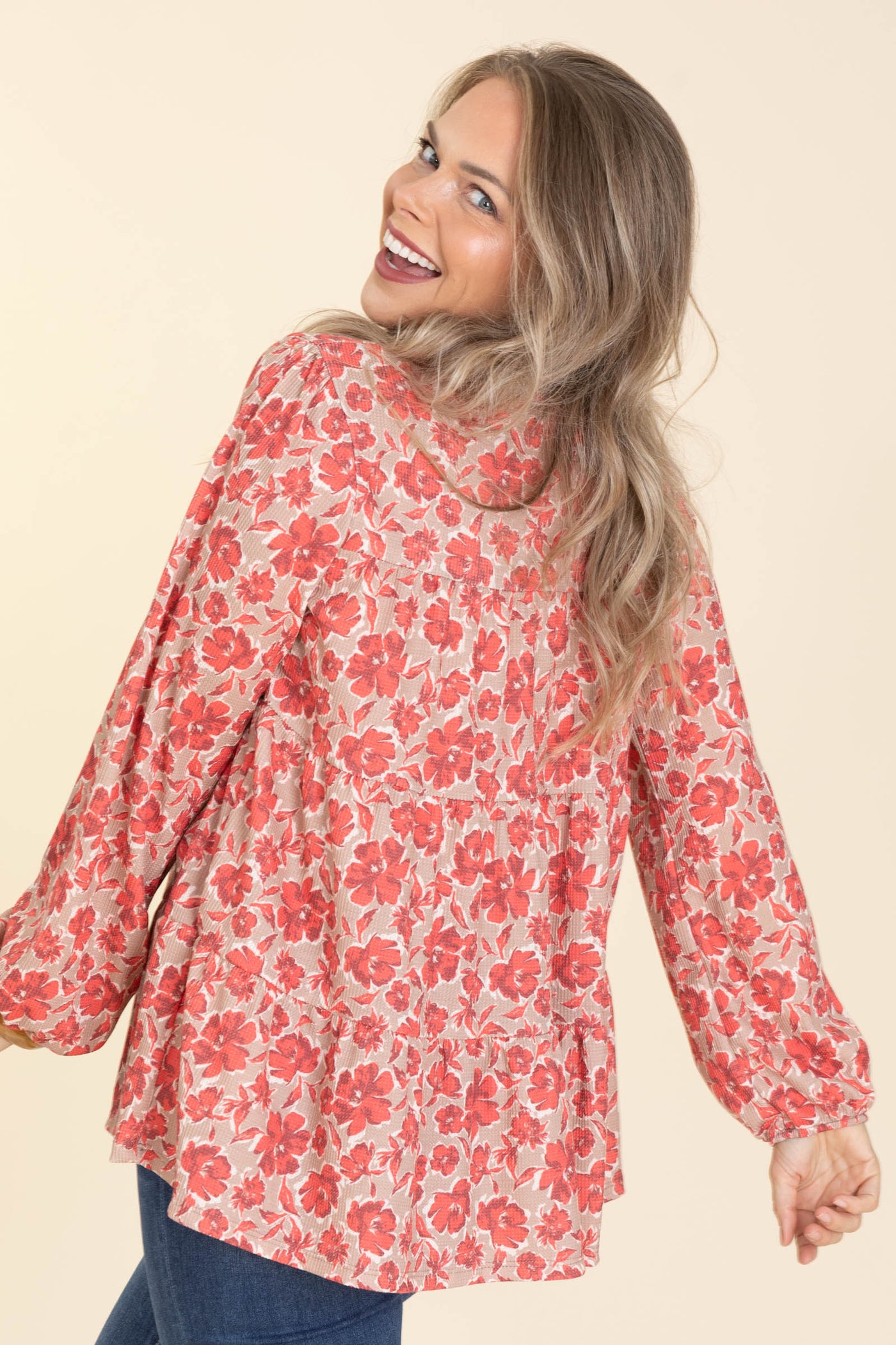 Taupe With Floral Crimson Babydoll Knit Top