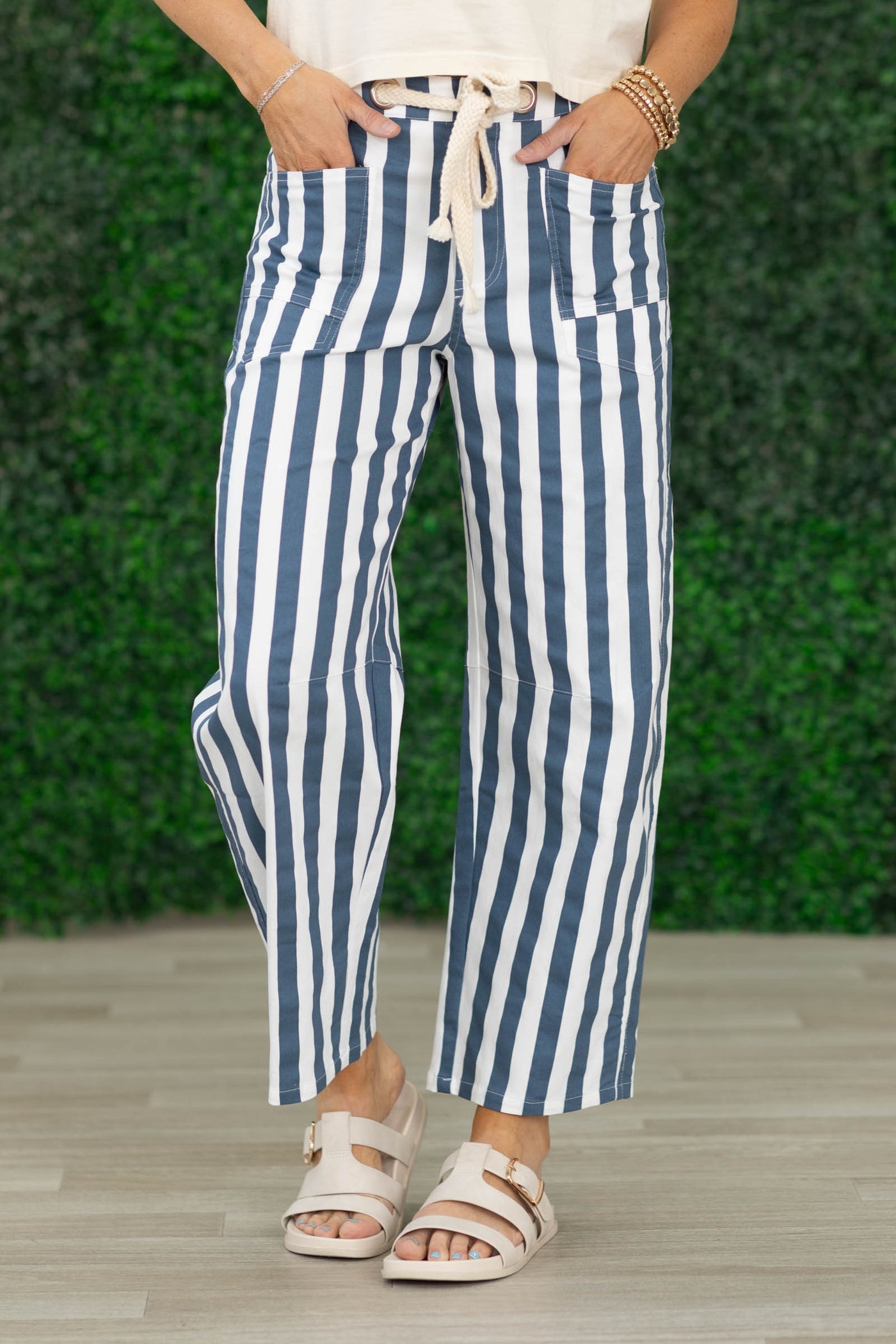 Navy Cotton Striped Pocket Rope String Pants