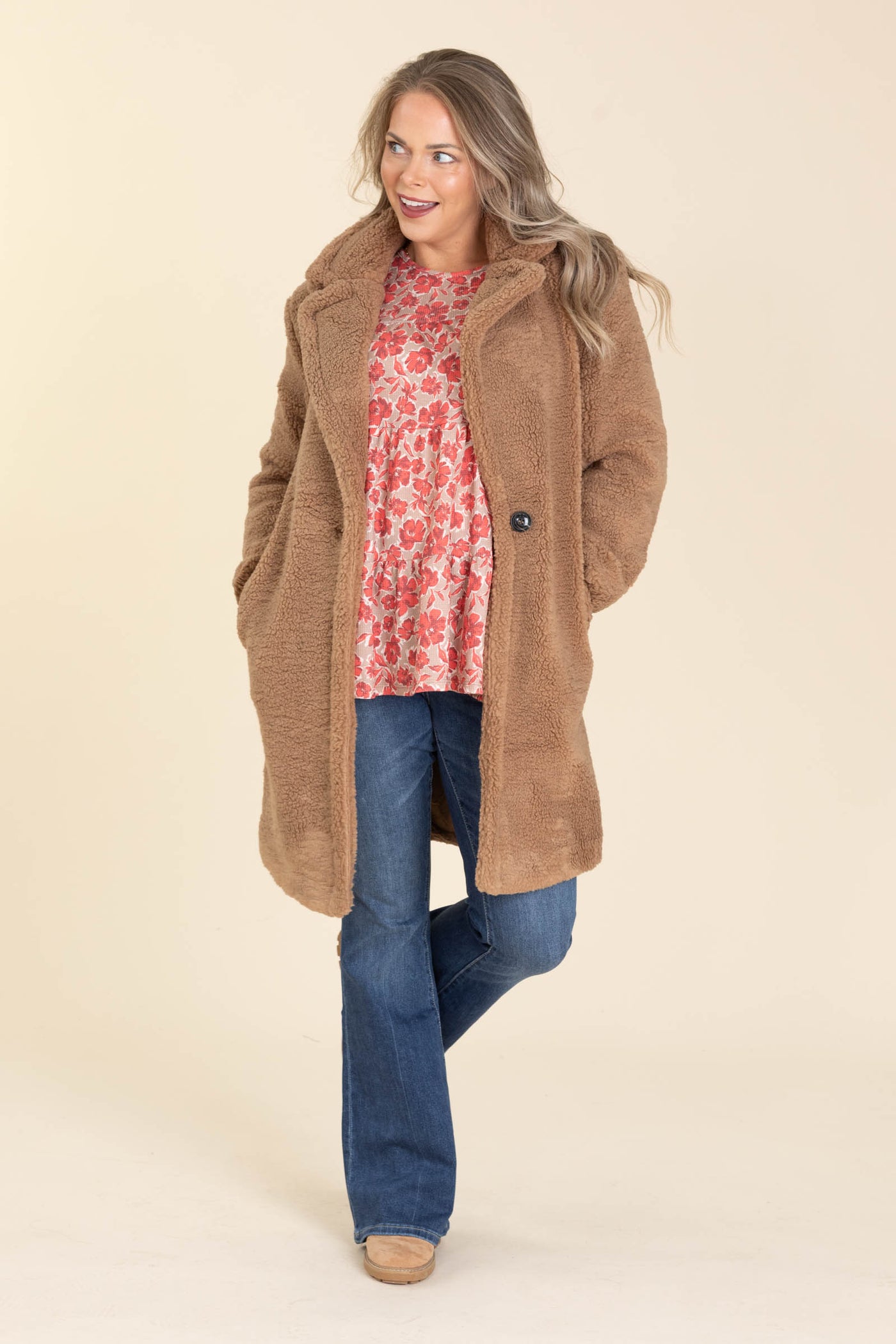 Camel Notched Lapel Teddy Bear Coat