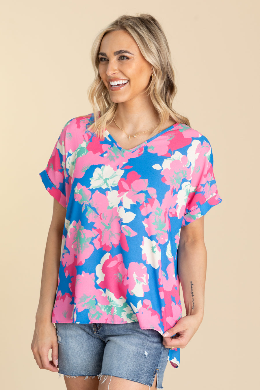 Blue and Pink Floral Print Woven Top