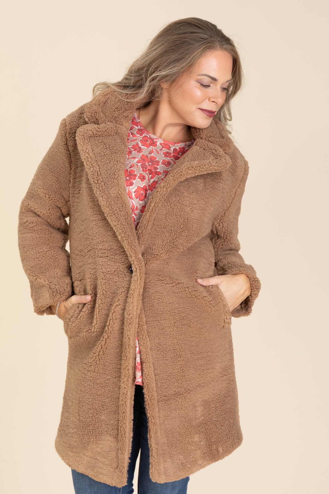 Camel Notched Lapel Teddy Bear Coat