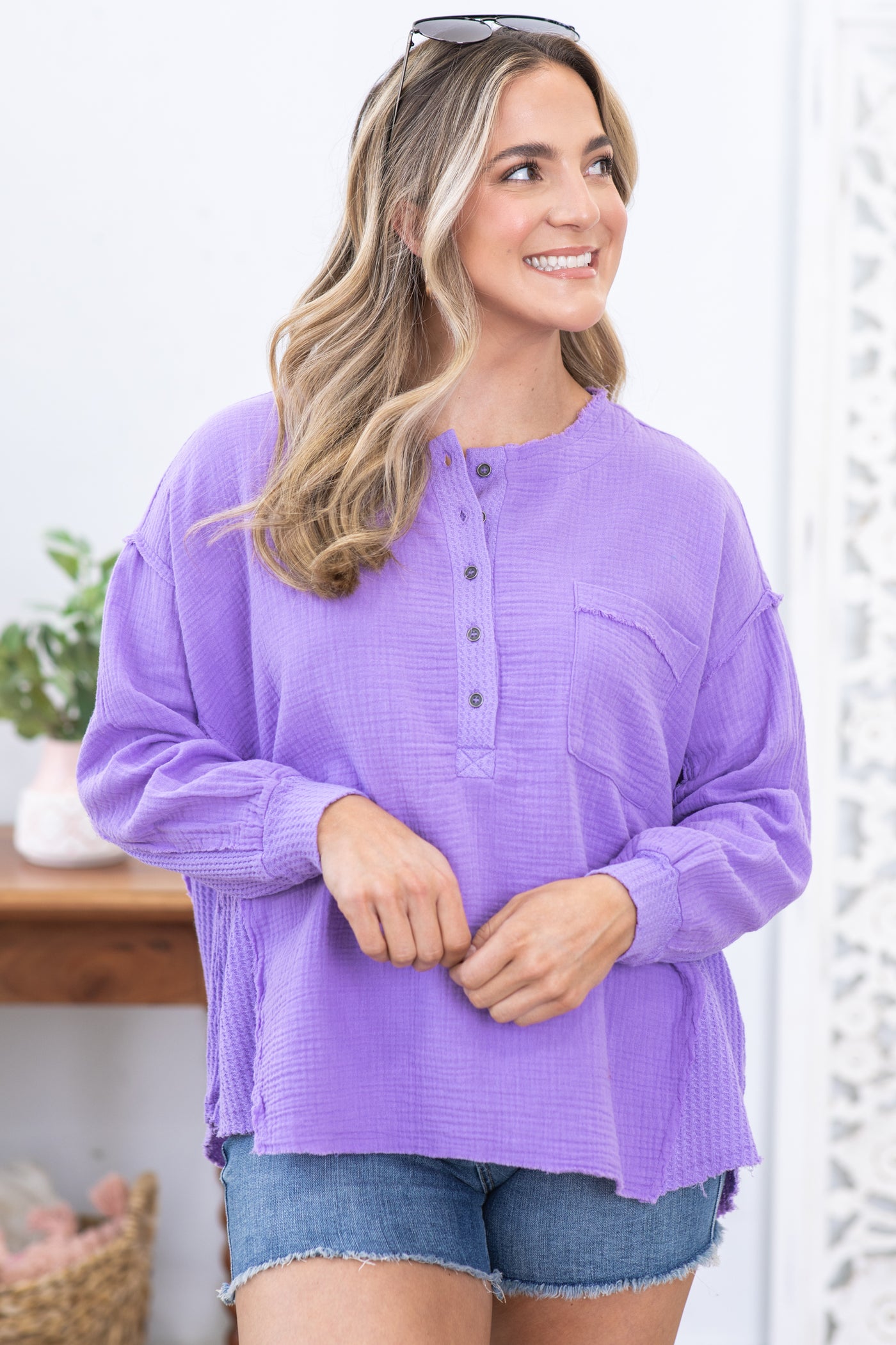 Lavender Gauze Oversized Knit Top With Buttons