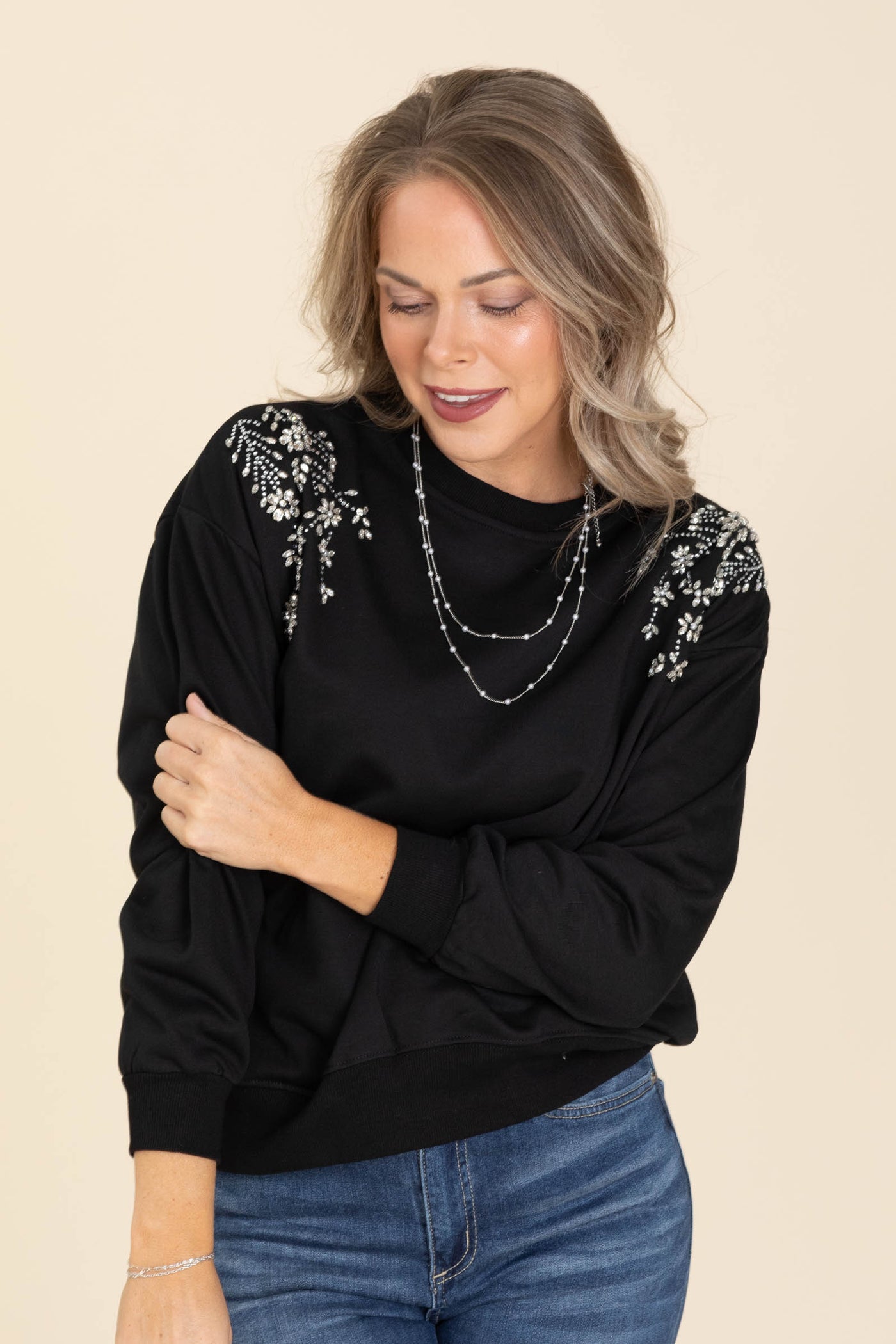 Black Stone Flowers Knit Crewneck Top