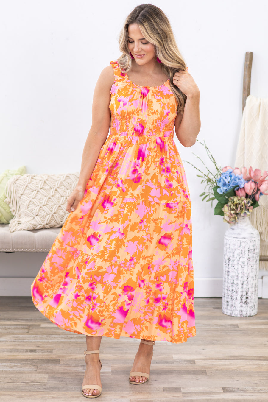 Orange and Pink Floral Sleeveless Dress