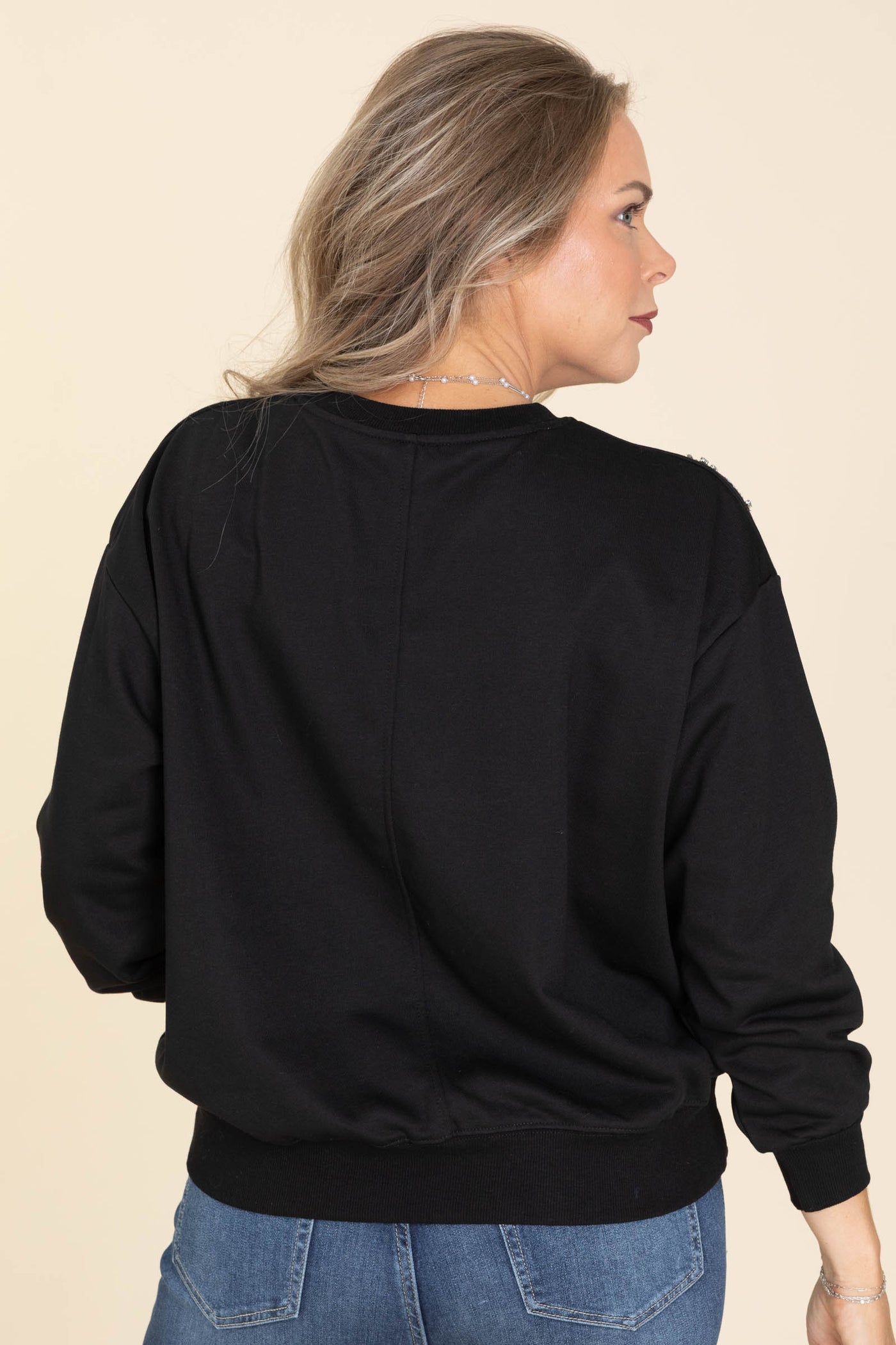 Black Stone Flowers Knit Crewneck Top