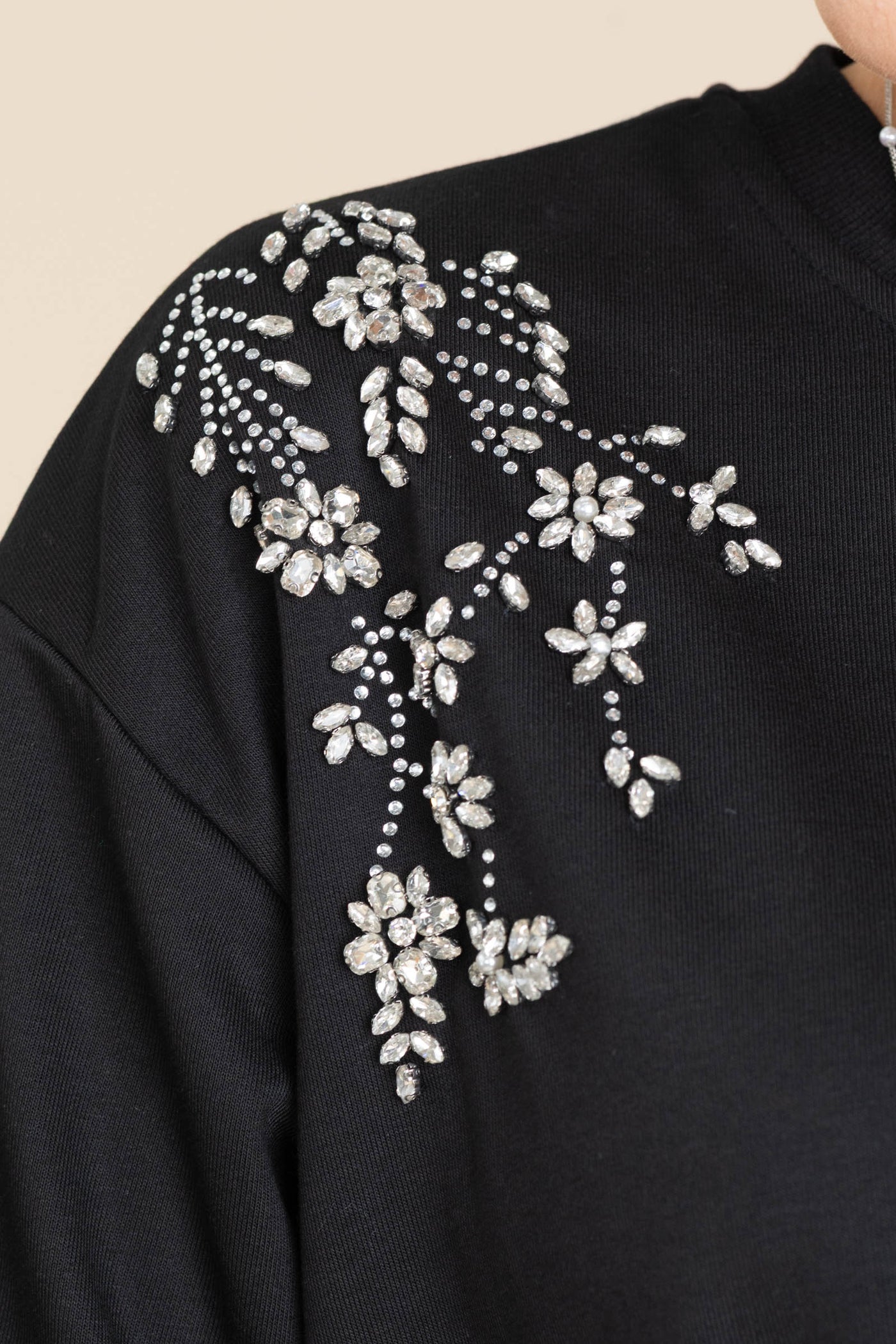 Black Stone Flowers Knit Crewneck Top