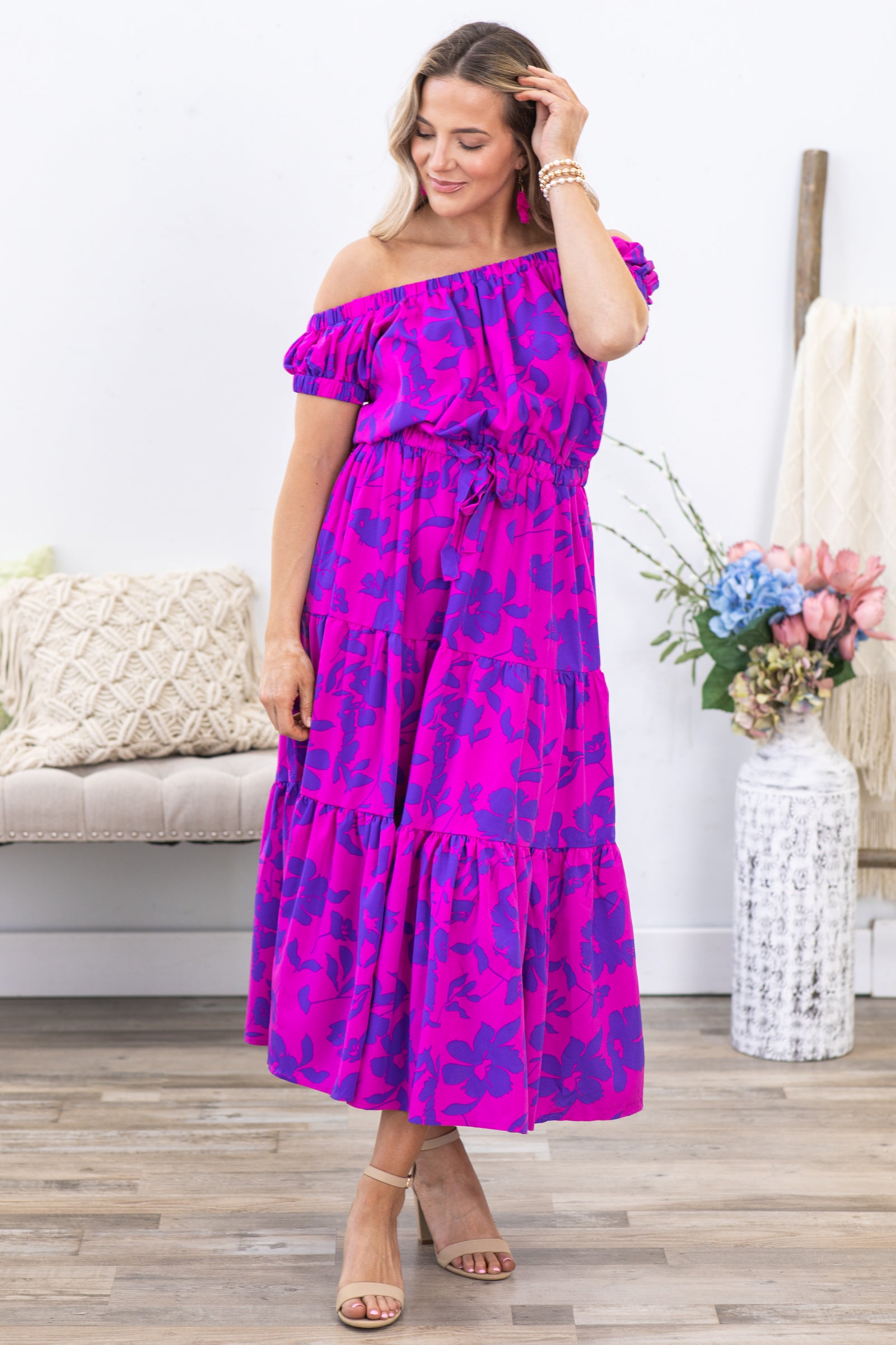 Magenta and Indigo Floral Print Maxi Dress