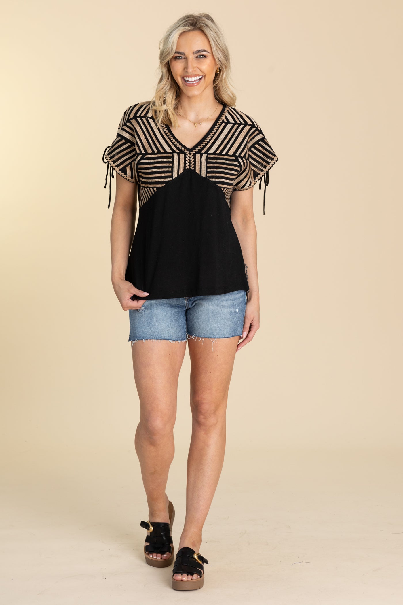 Stripe Detail V-Neck Woven Top