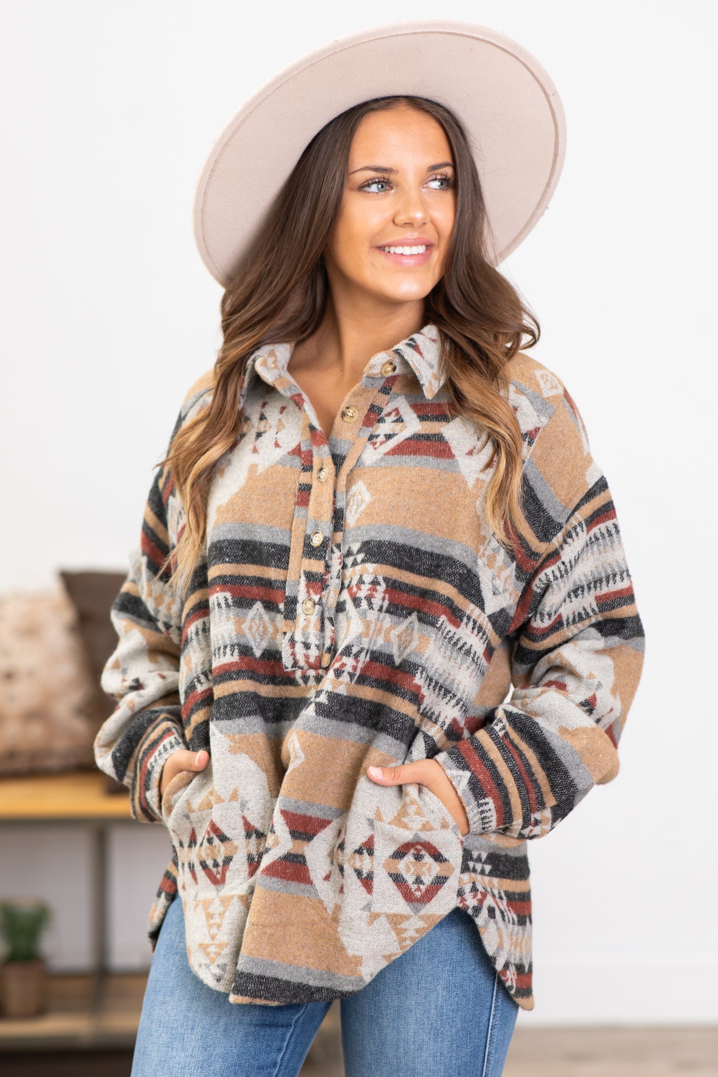 Tan and Rust Aztec 1/4 Button Pullover