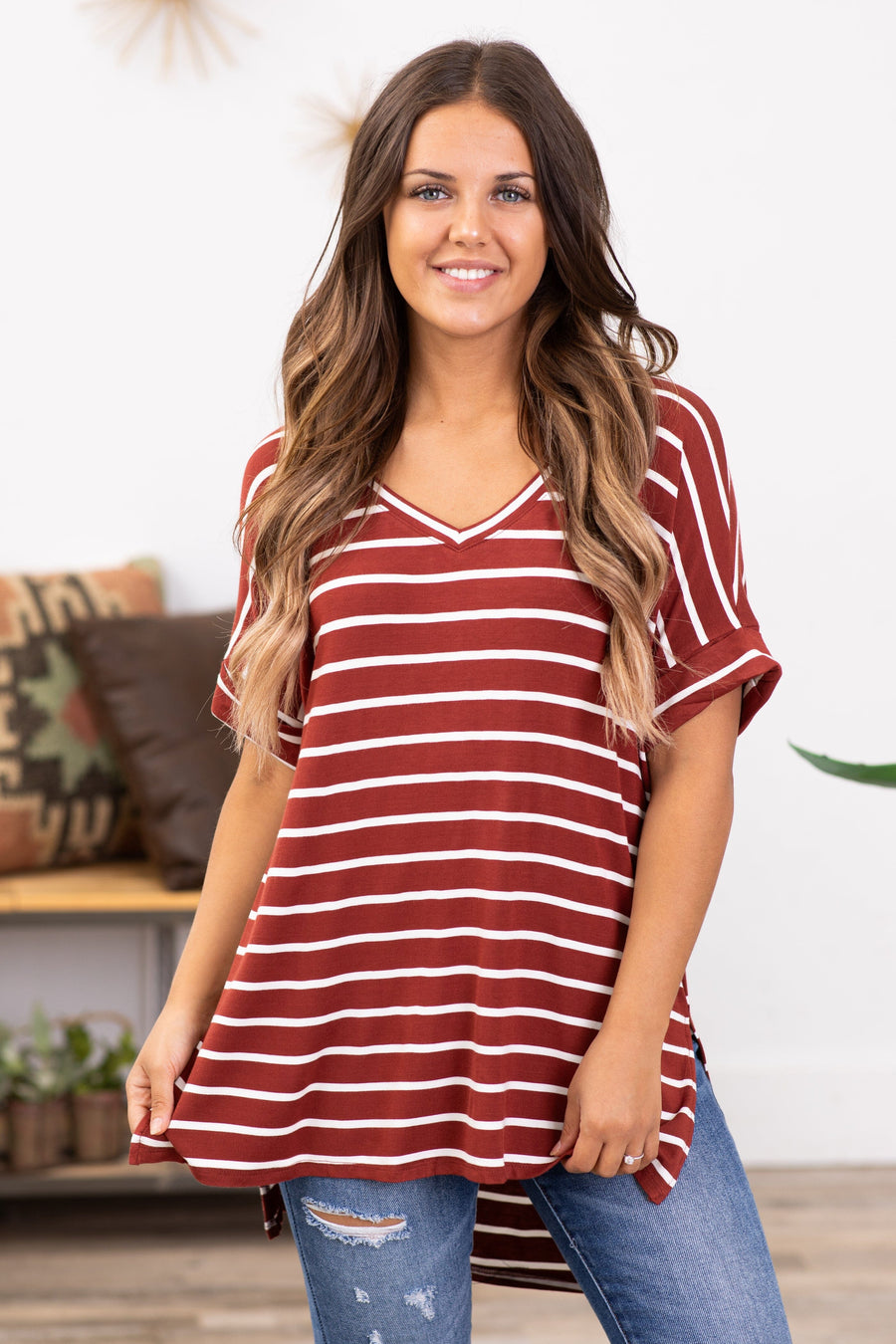 Rust and Off White Stripe V-Neck Top - Filly Flair