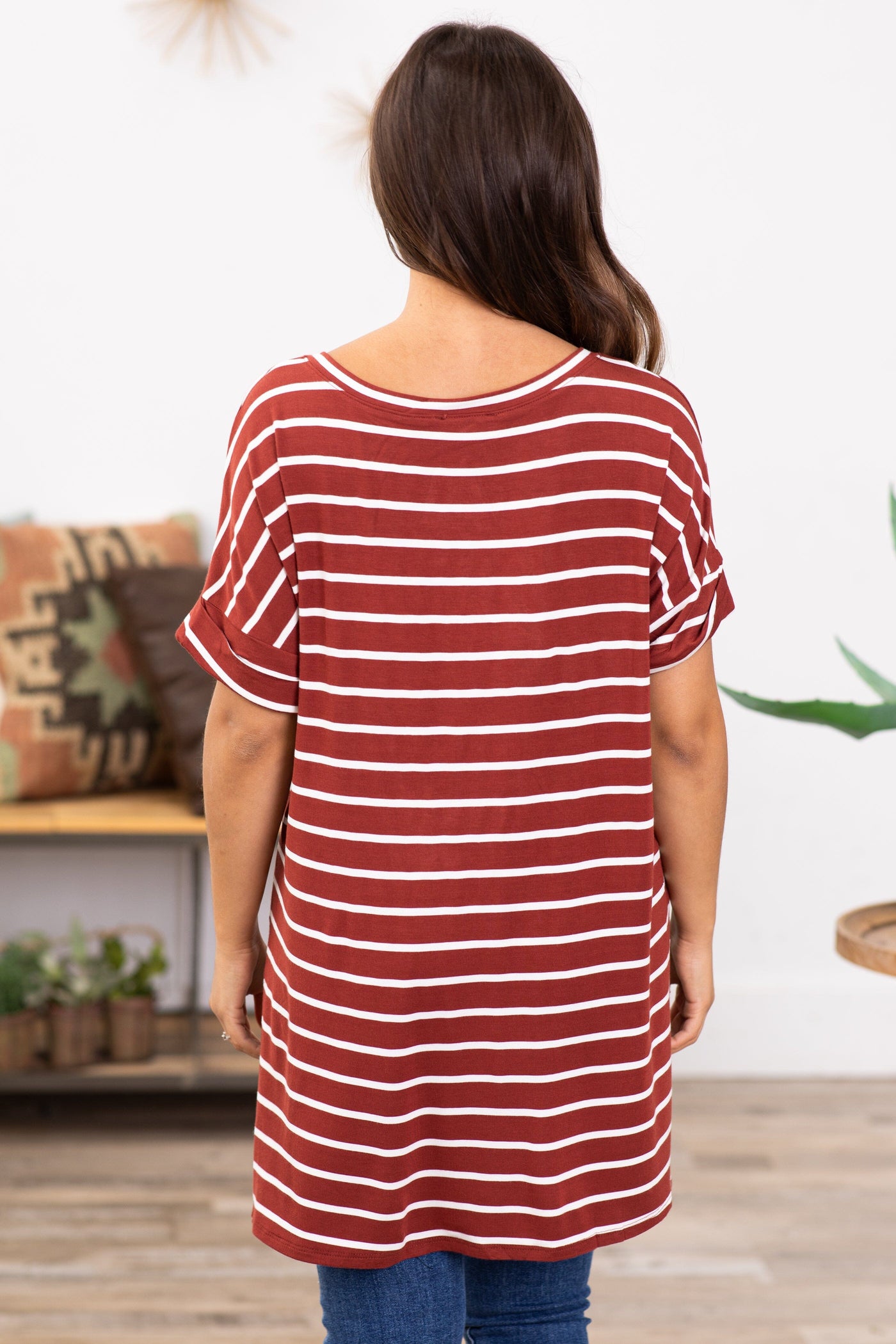 Rust and Off White Stripe V-Neck Top - Filly Flair