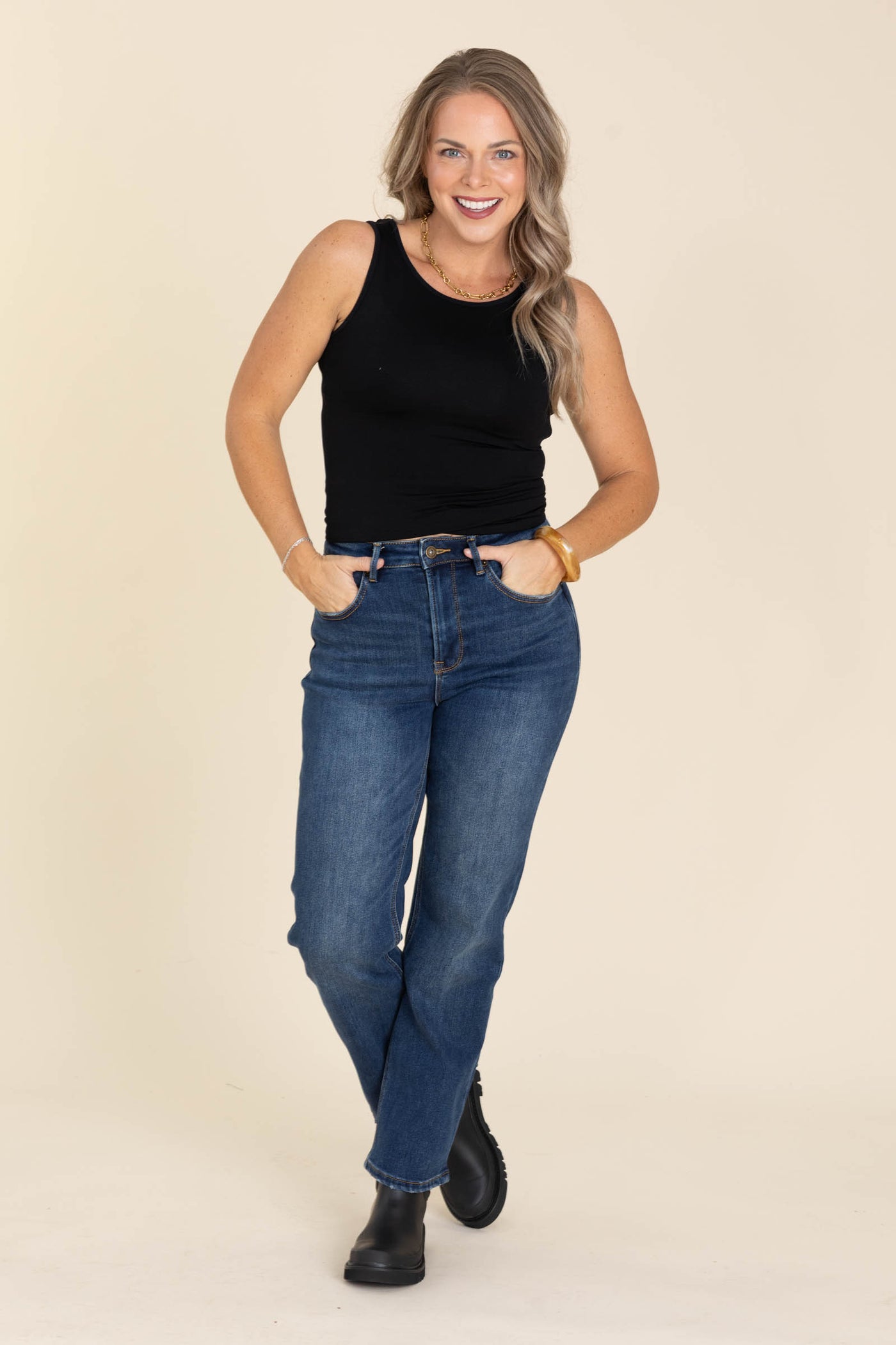 Mica Fleece High Rise Back Dart Straight Jeans