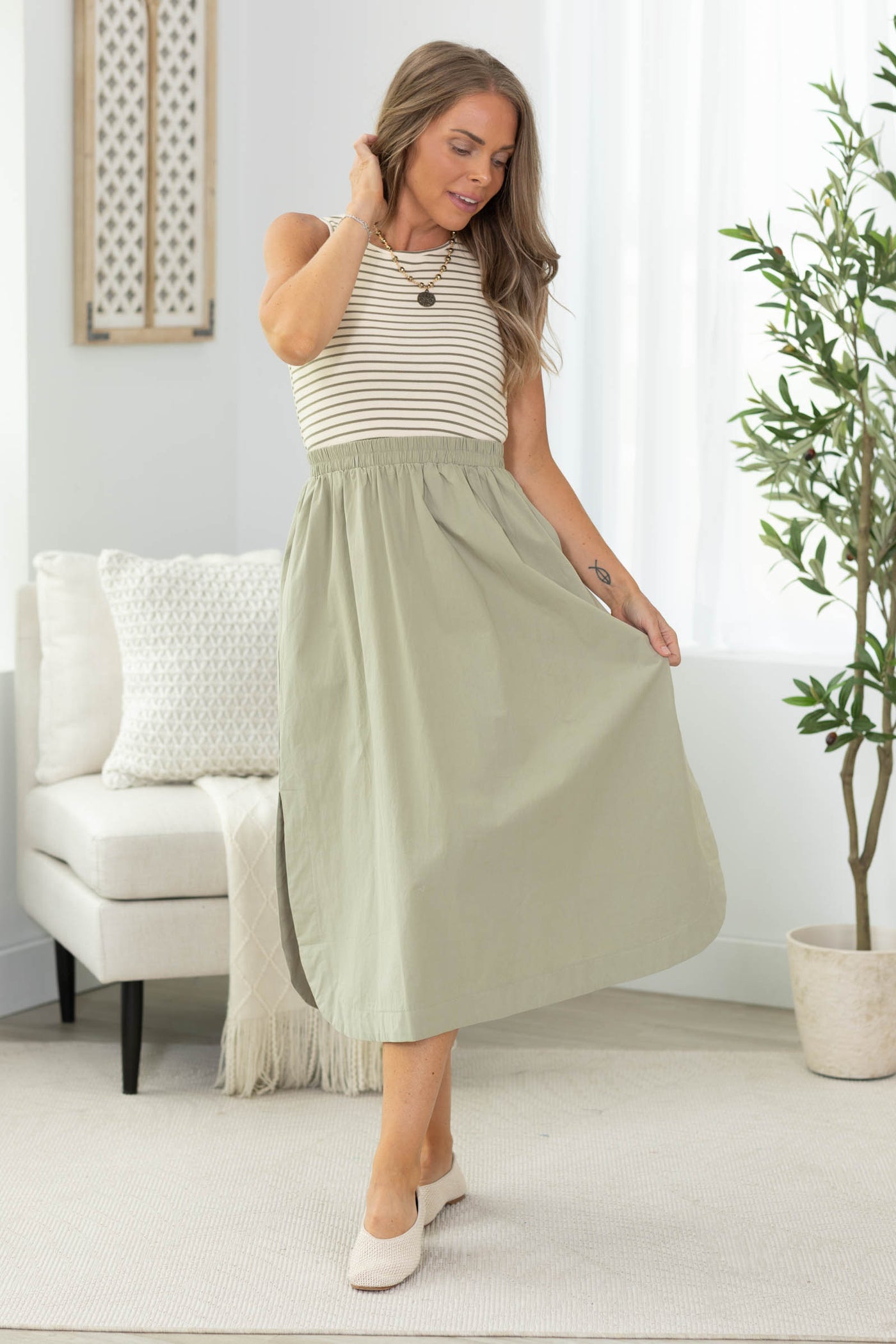 Sage Striped Knit Tank Midi Dress