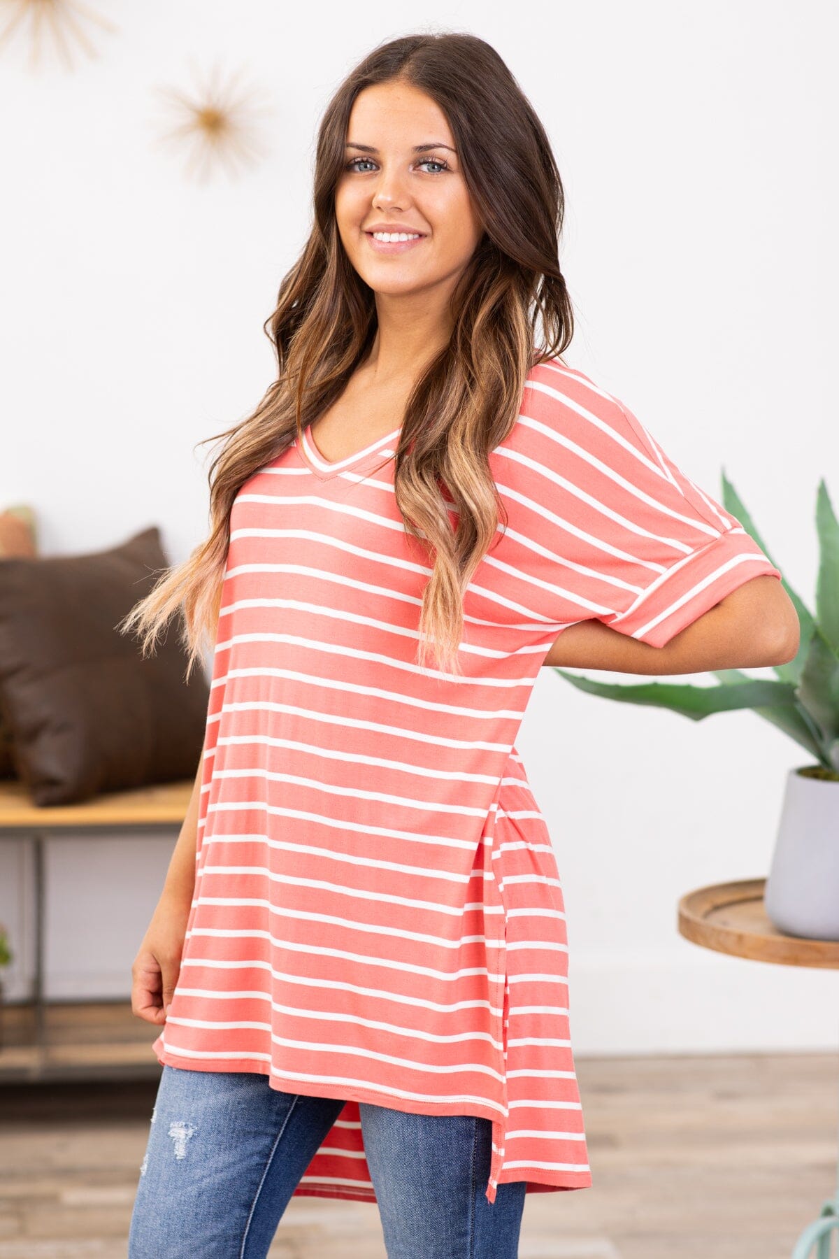 Coral and Off White Stripe V-Neck Top - Filly Flair