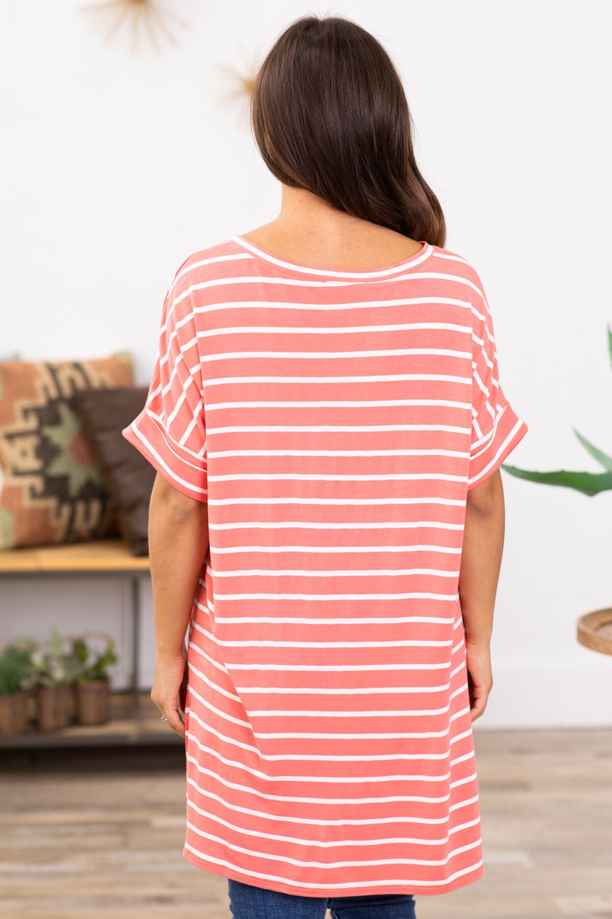 Coral and Off White Stripe V-Neck Top - Filly Flair