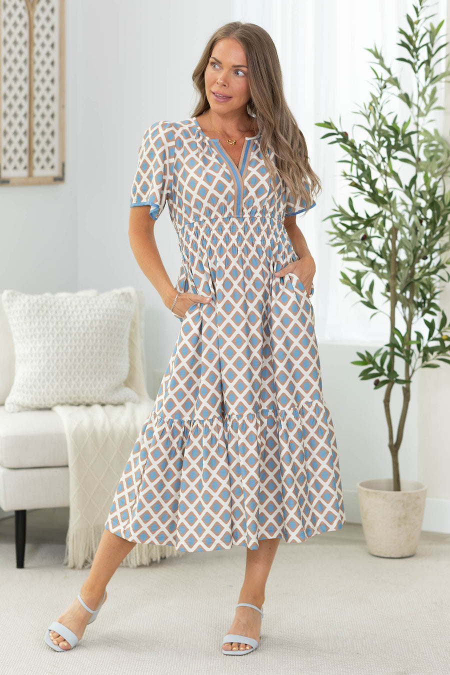 Mocha And Dusty Blue Geo Smocked Waist Midi Dress