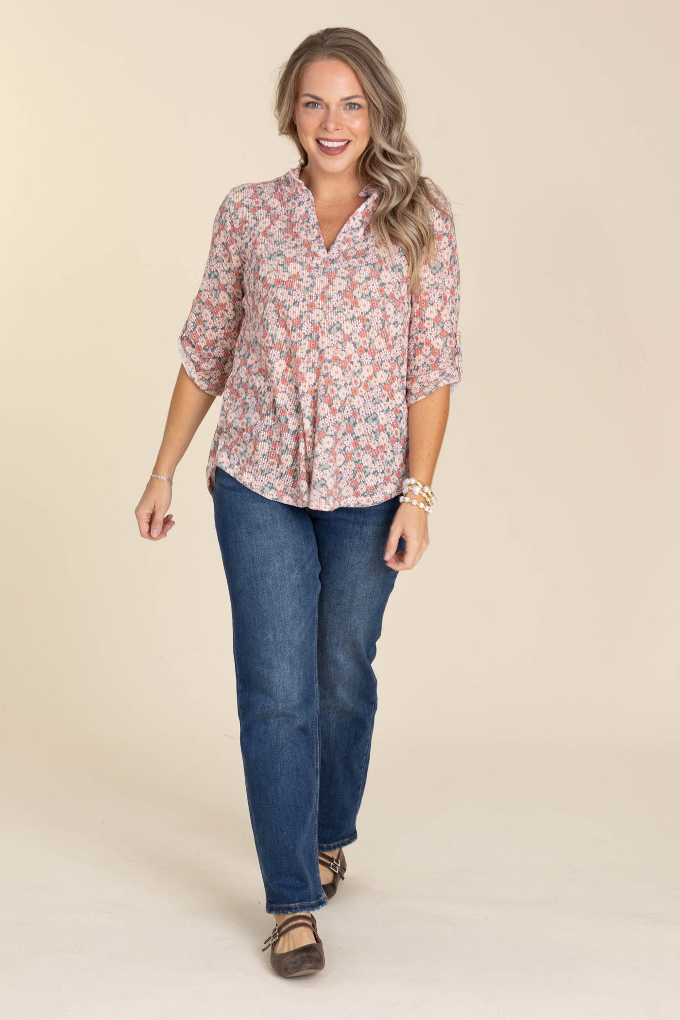 Rust Multicolor Floral Quarter Sleeve Knit Top