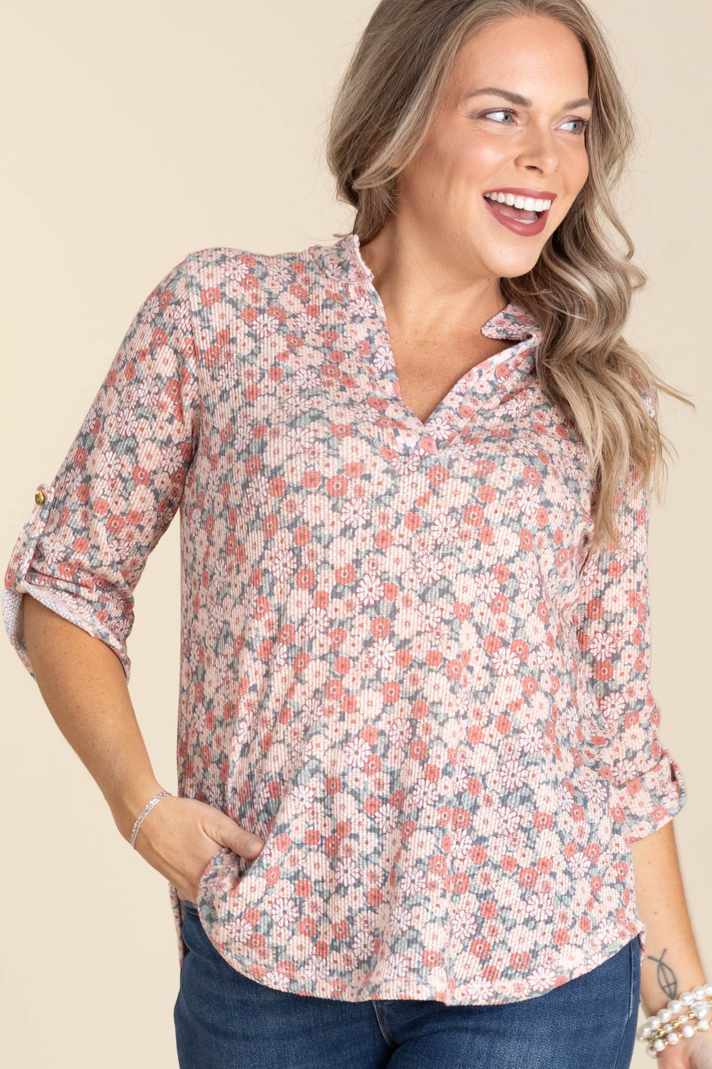 Rust Multicolor Floral Quarter Sleeve Knit Top