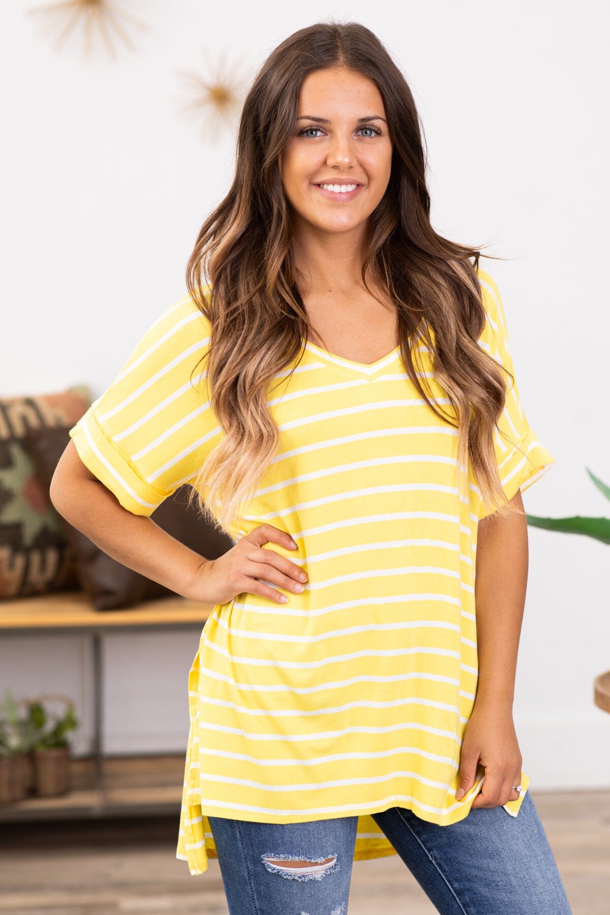 Yellow and Off White Stripe V-Neck Top - Filly Flair