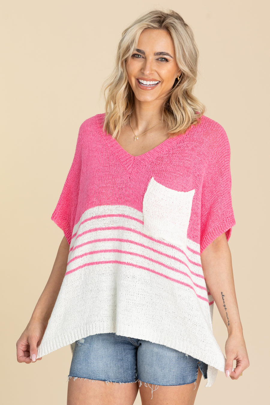 Neon Pink Colorblock Stripe Sweater Knit Top