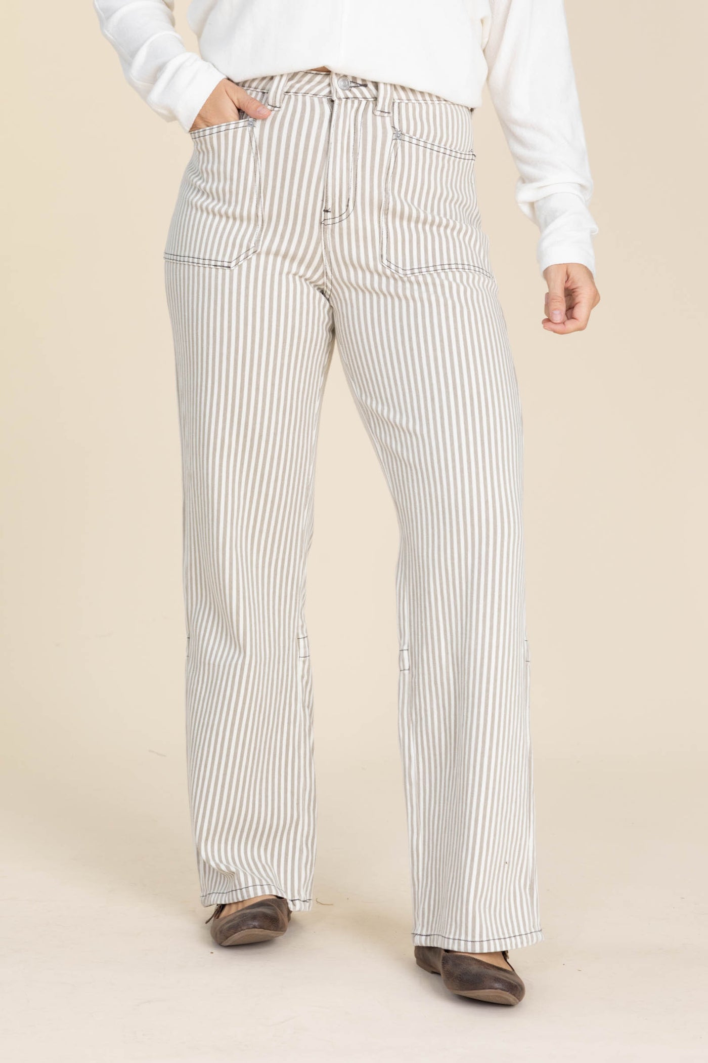 Mocha Striped Loose Fit Straight Jeans