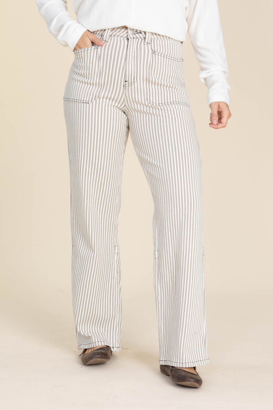 Mocha Striped Loose Fit Straight Jeans