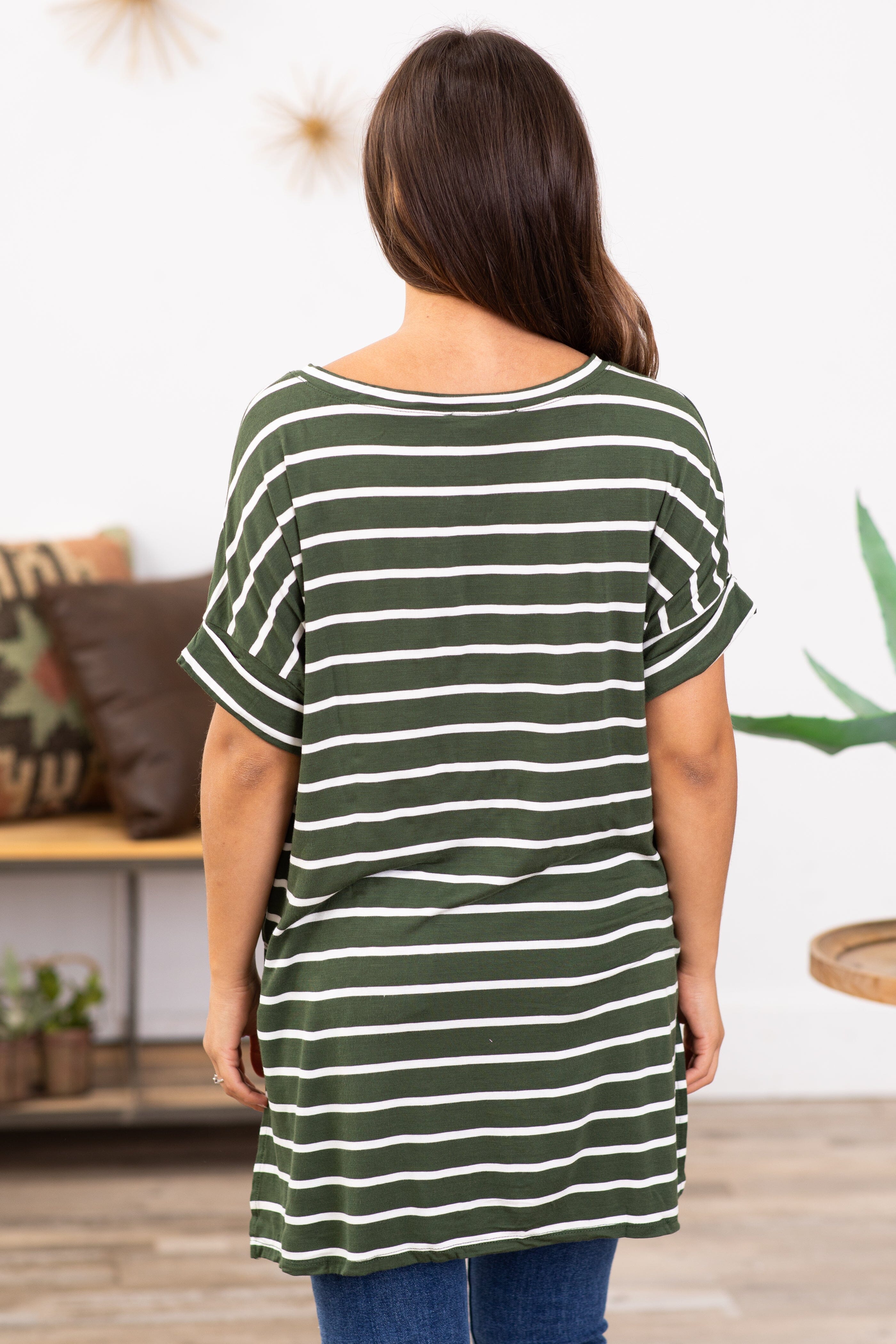 Hunter Green and Off White Stripe V-Neck Top - Filly Flair