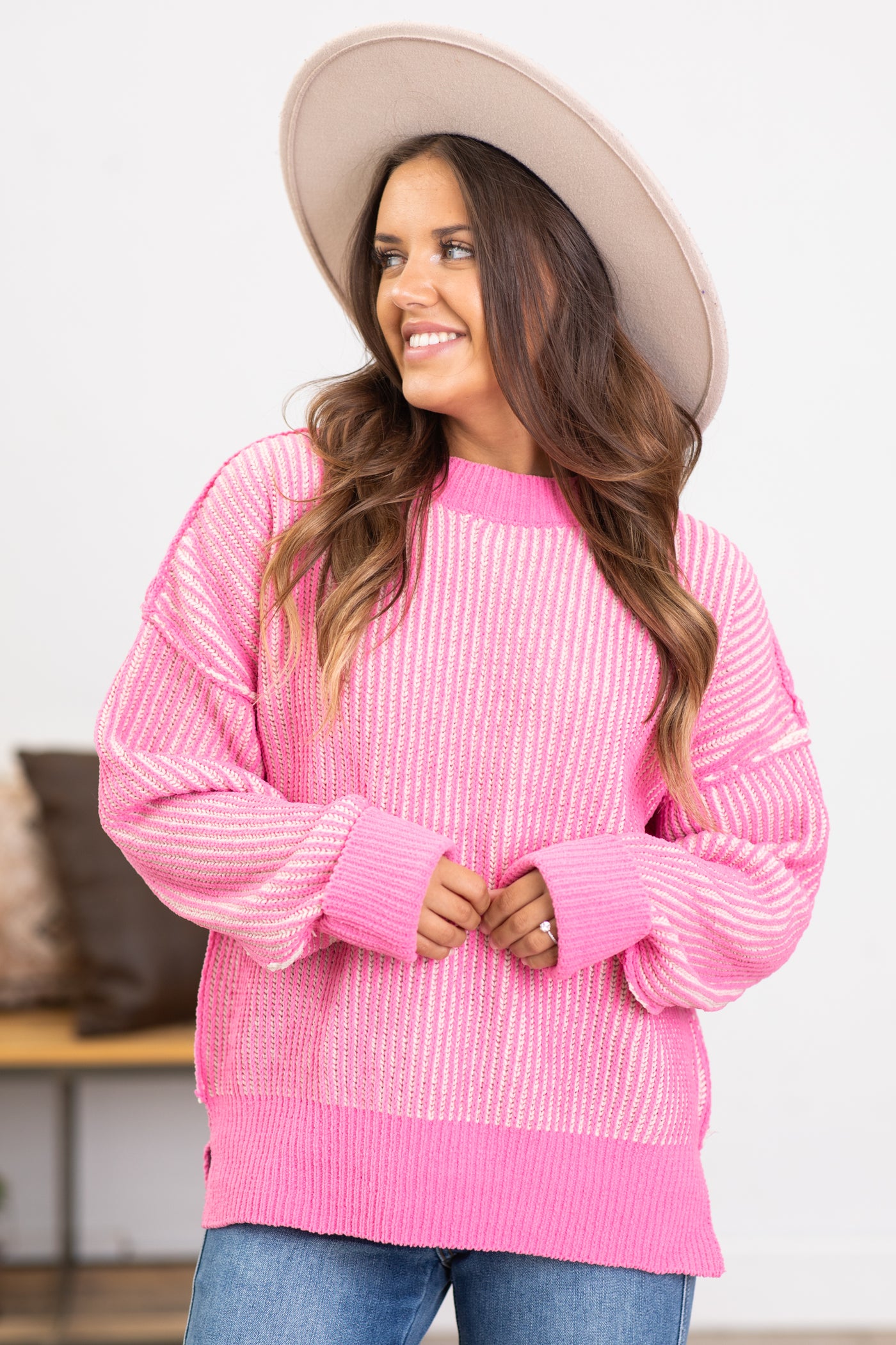 Pink Ribbed Drop Shoulder Sweater