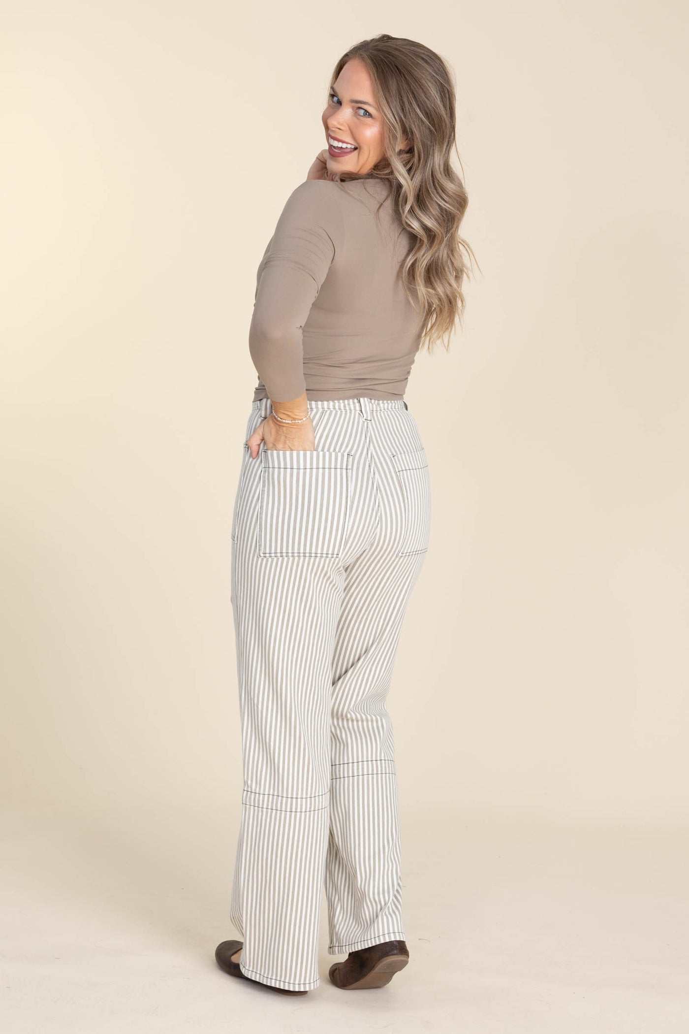Mocha Striped Loose Fit Straight Jeans