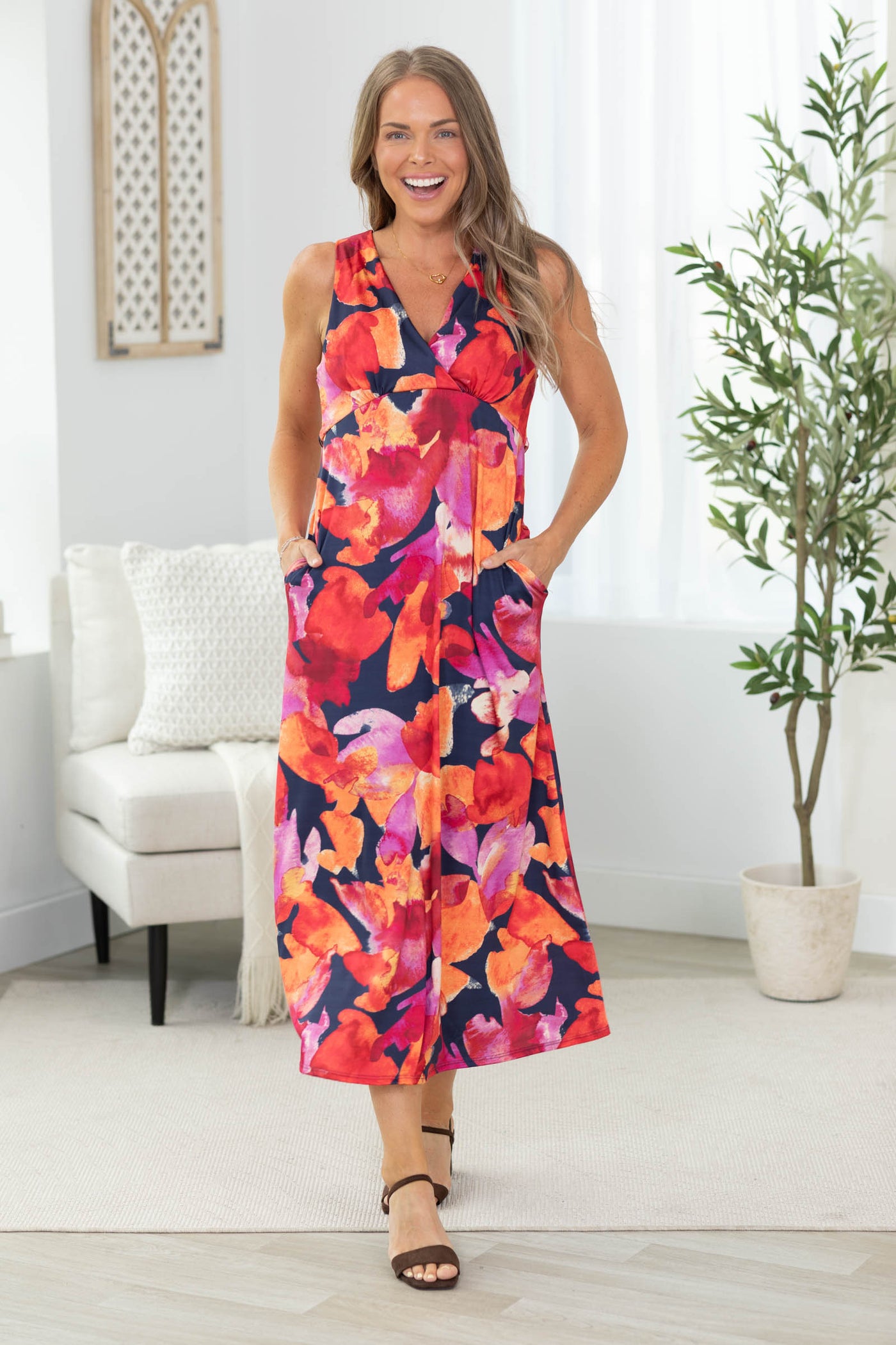 Navy Multicolor Floral V-Neck Midi Dress