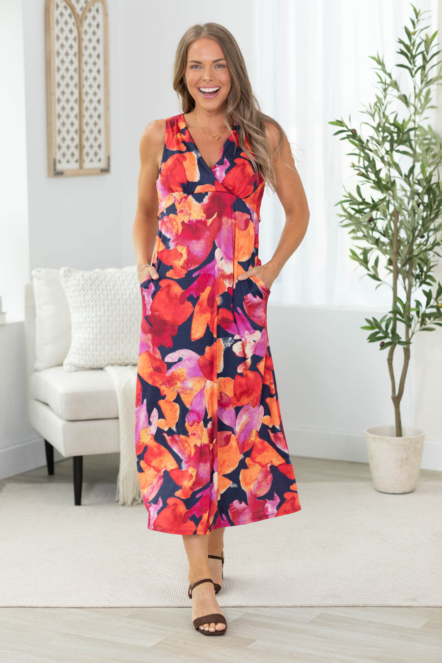 Navy Multicolor Floral V-Neck Midi Dress