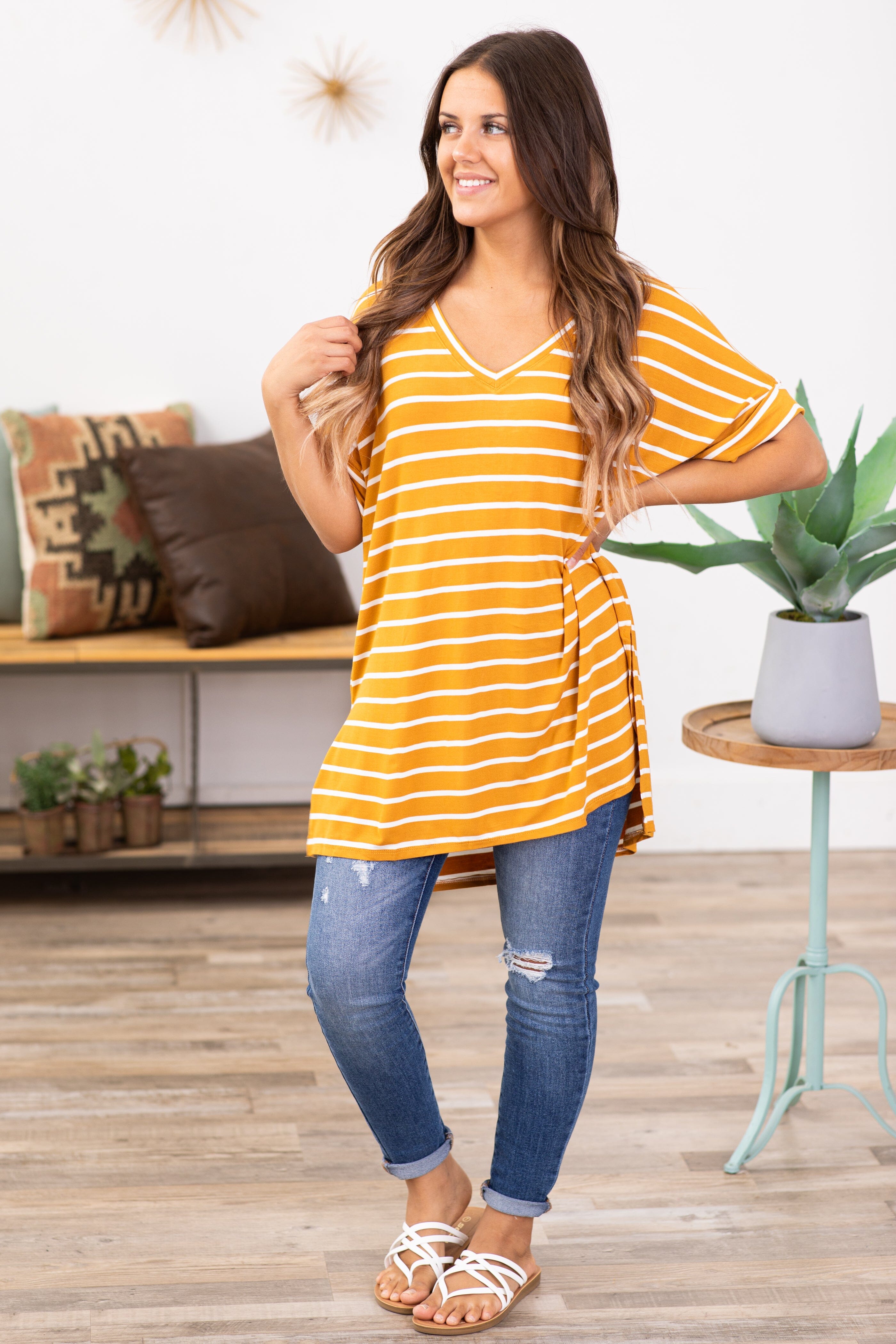 Mustard and Off White Stripe V-Neck Top - Filly Flair