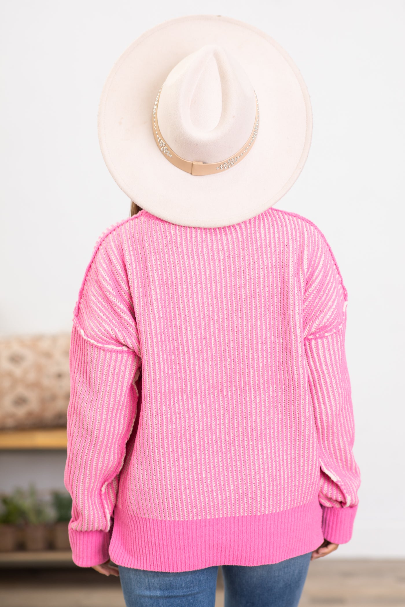 Pink Ribbed Drop Shoulder Sweater