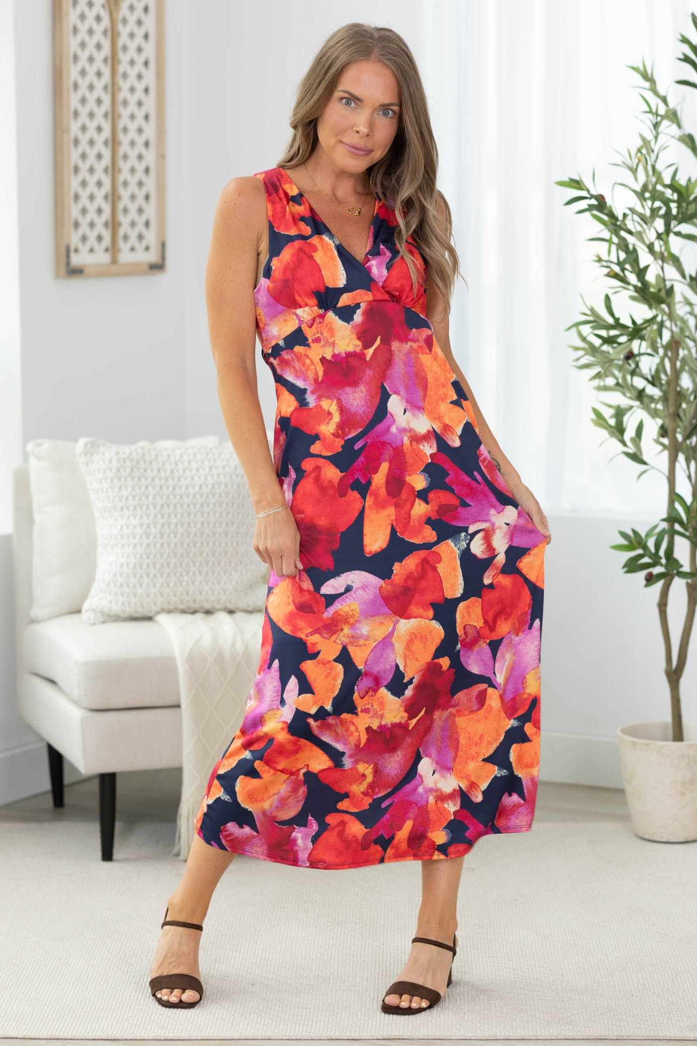 Navy Multicolor Floral V-Neck Midi Dress