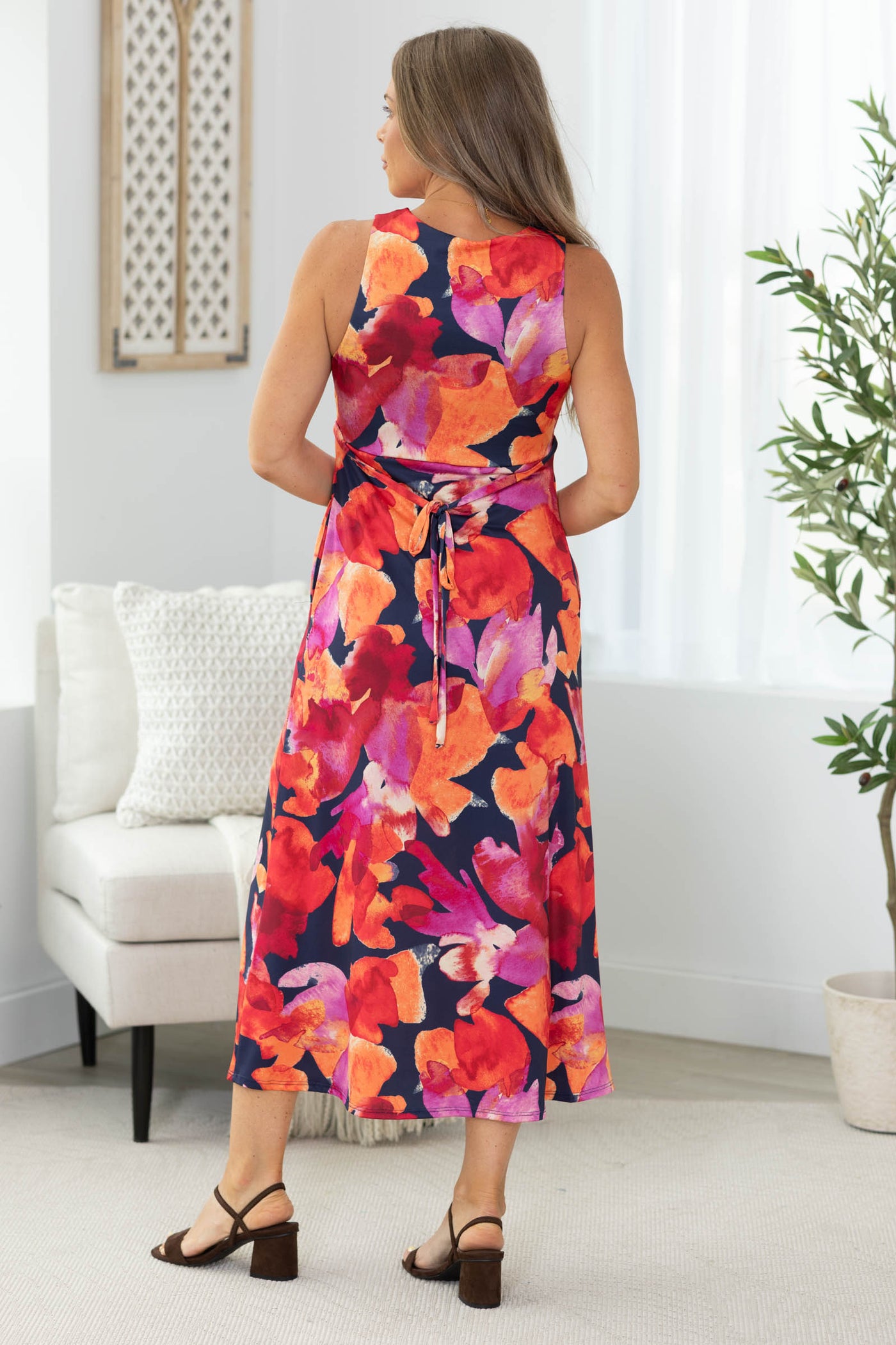 Navy Multicolor Floral V-Neck Midi Dress