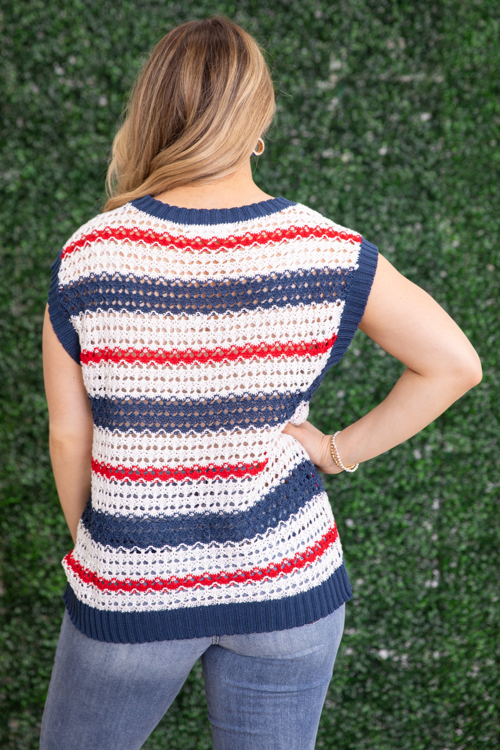 Navy and Red Stripe Netted Crochet Knit Top · Filly Flair
