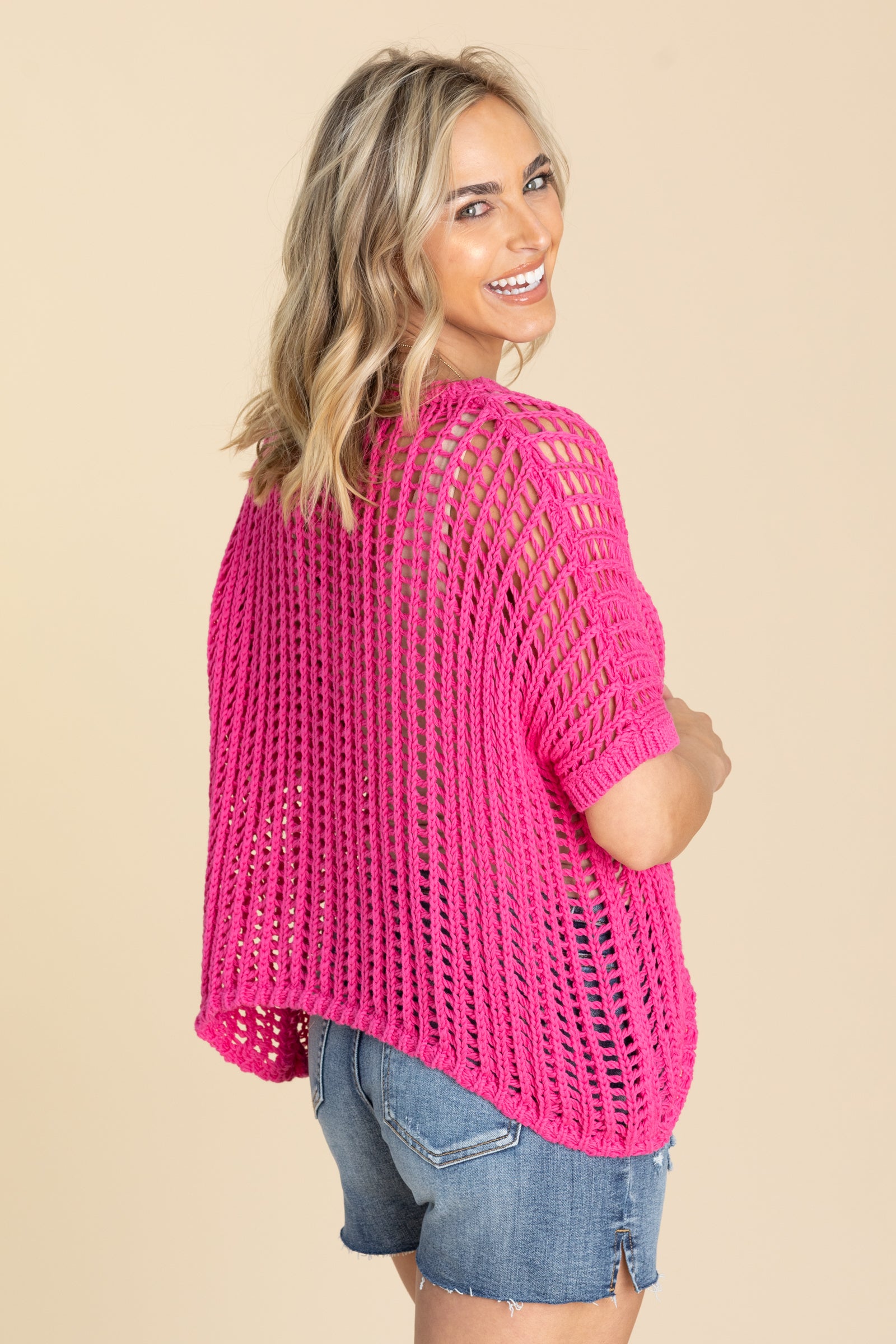 Hot Pink Short Sleeve Net Crochet Top · Filly Flair Hot Pink Short Sleeve Net Crochet Top · Filly Flair