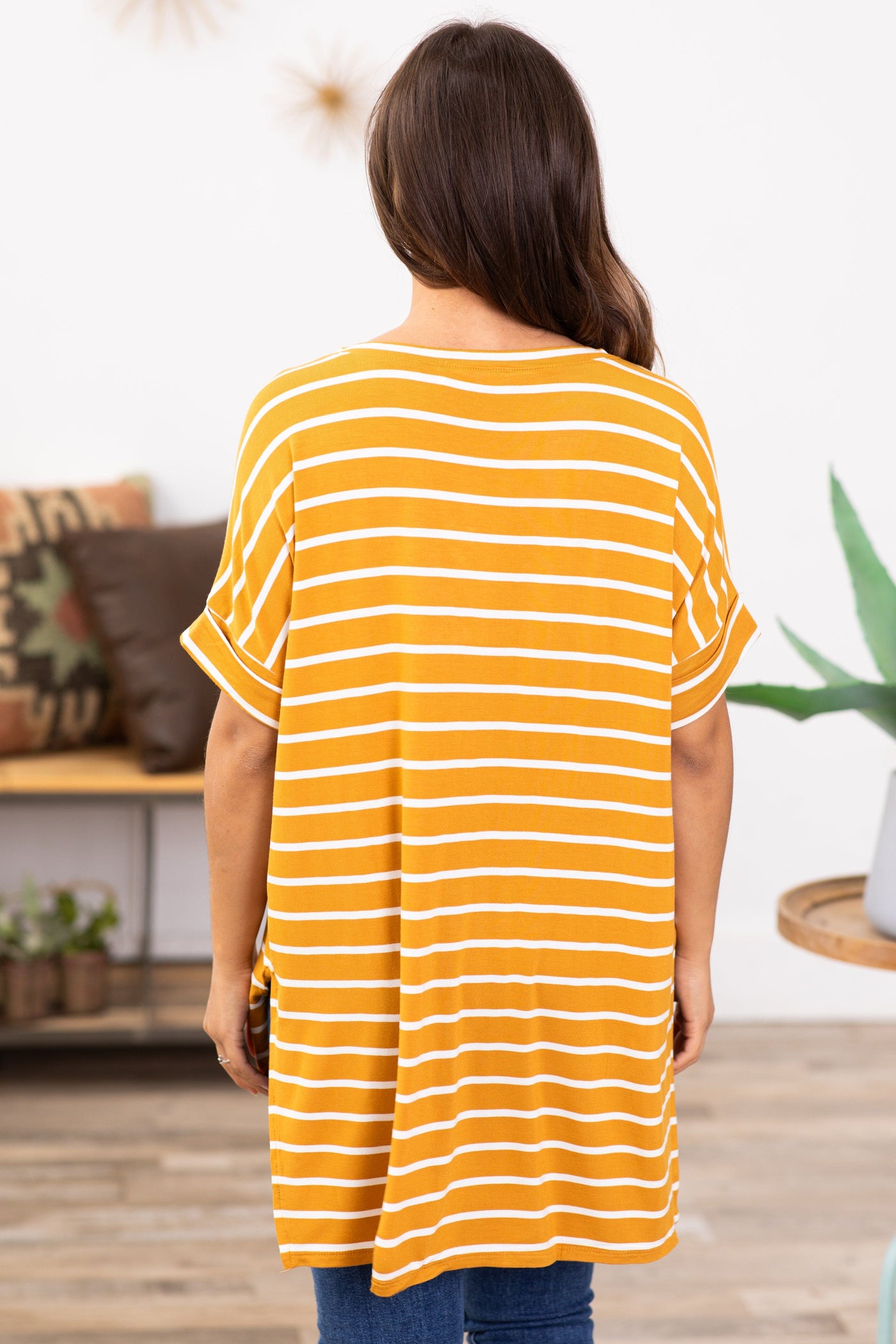 Mustard and Off White Stripe V-Neck Top - Filly Flair