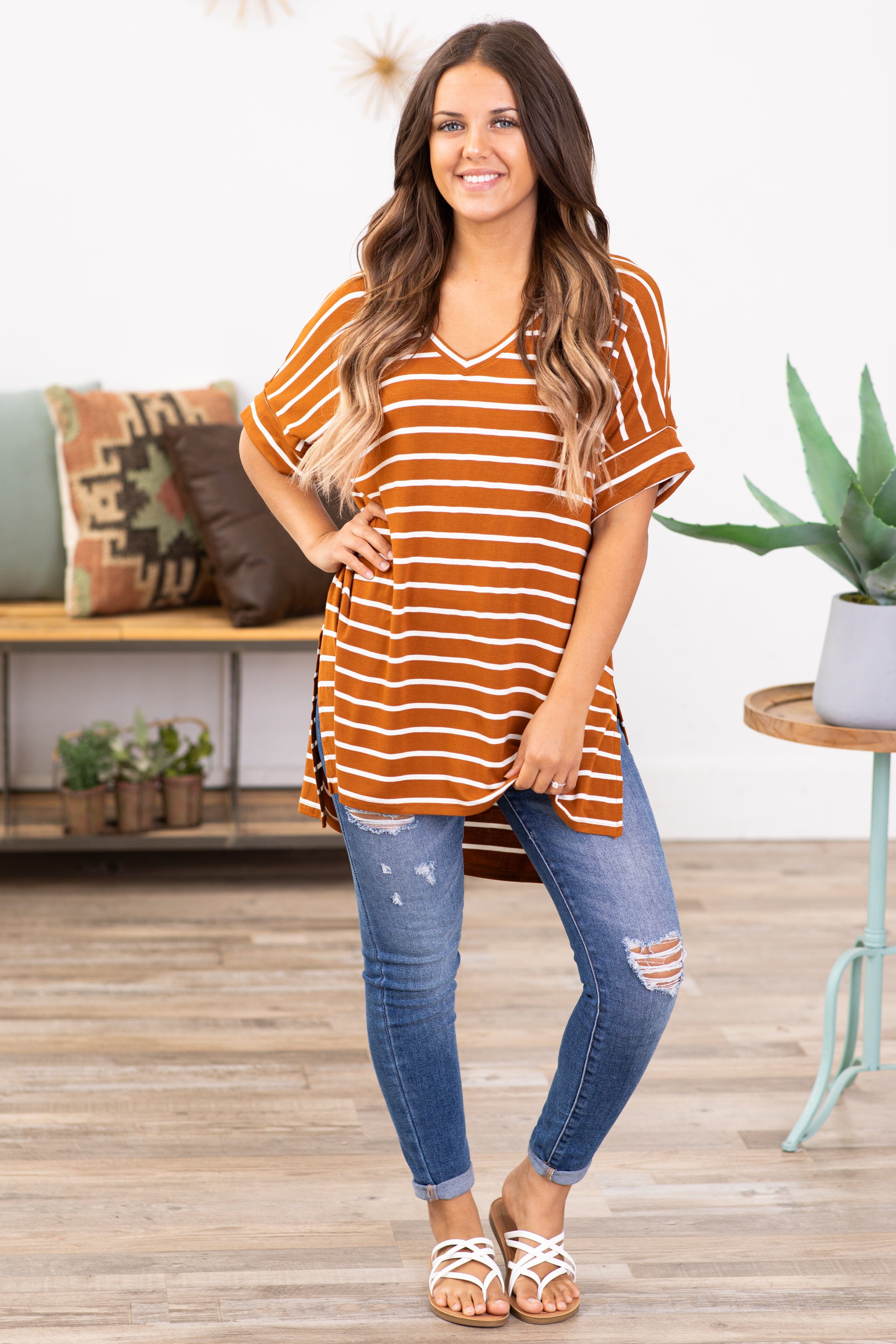 Cinnamon and Off White Stripe V-Neck Top - Filly Flair