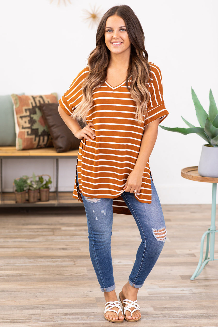 Cinnamon and Off White Stripe V-Neck Top - Filly Flair