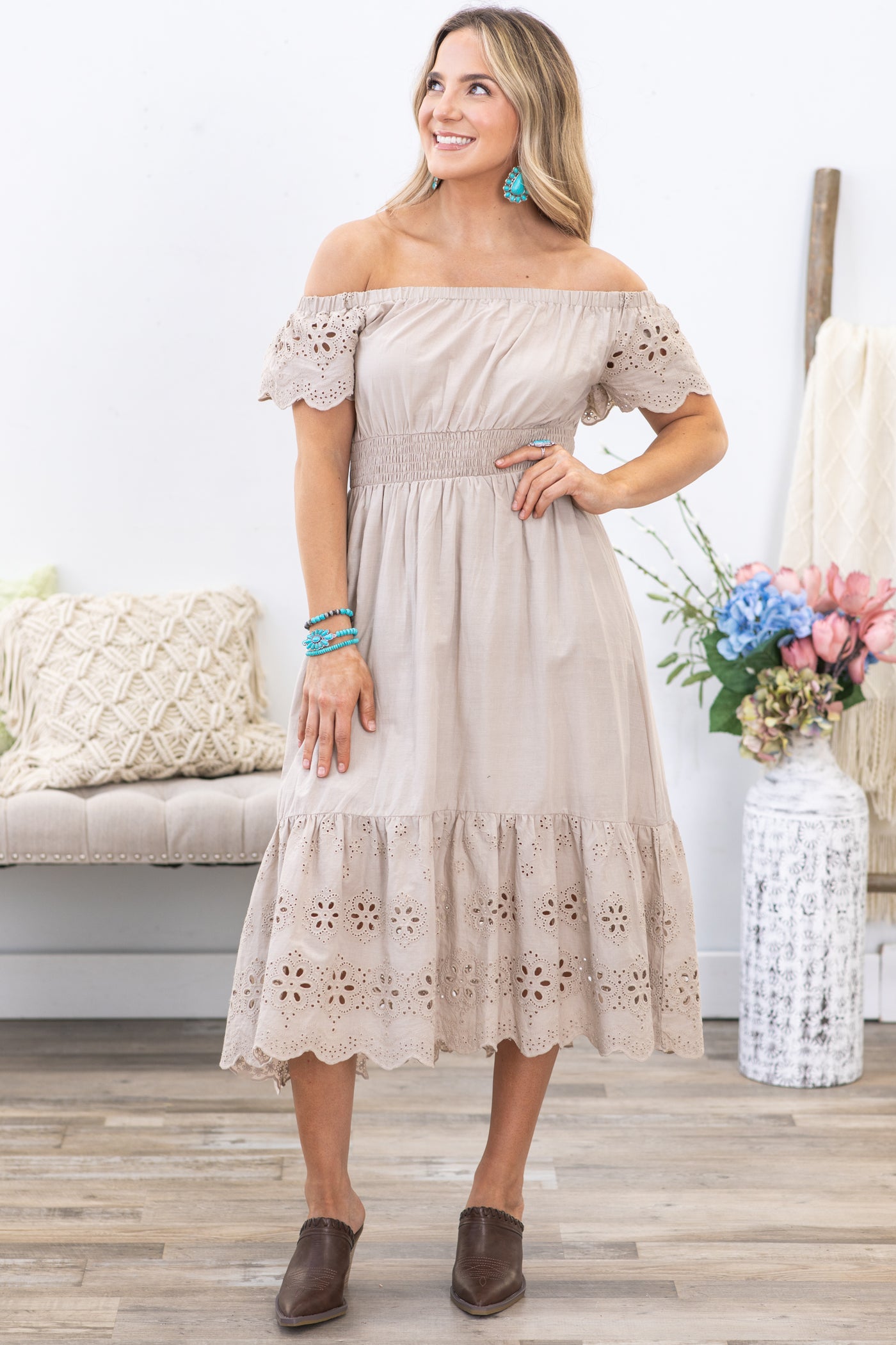 beige eyelet dress Making Moves Cream White Eyelet Midi Dress Shop the Mint