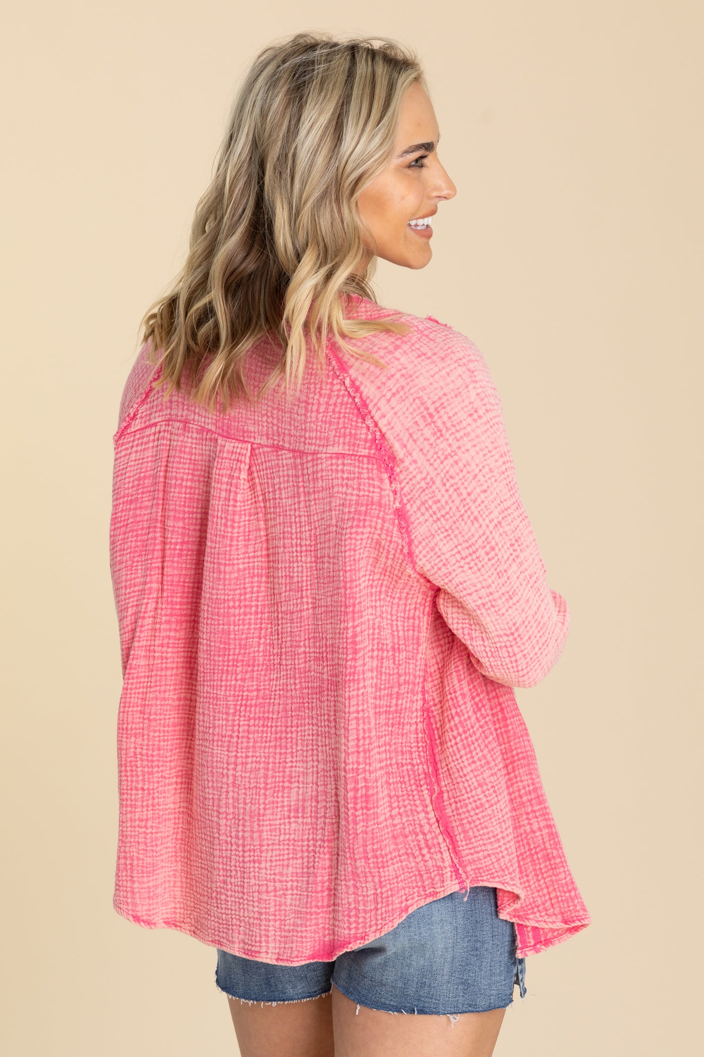 Hot Pink Mineral Washed Button Up Knit Top