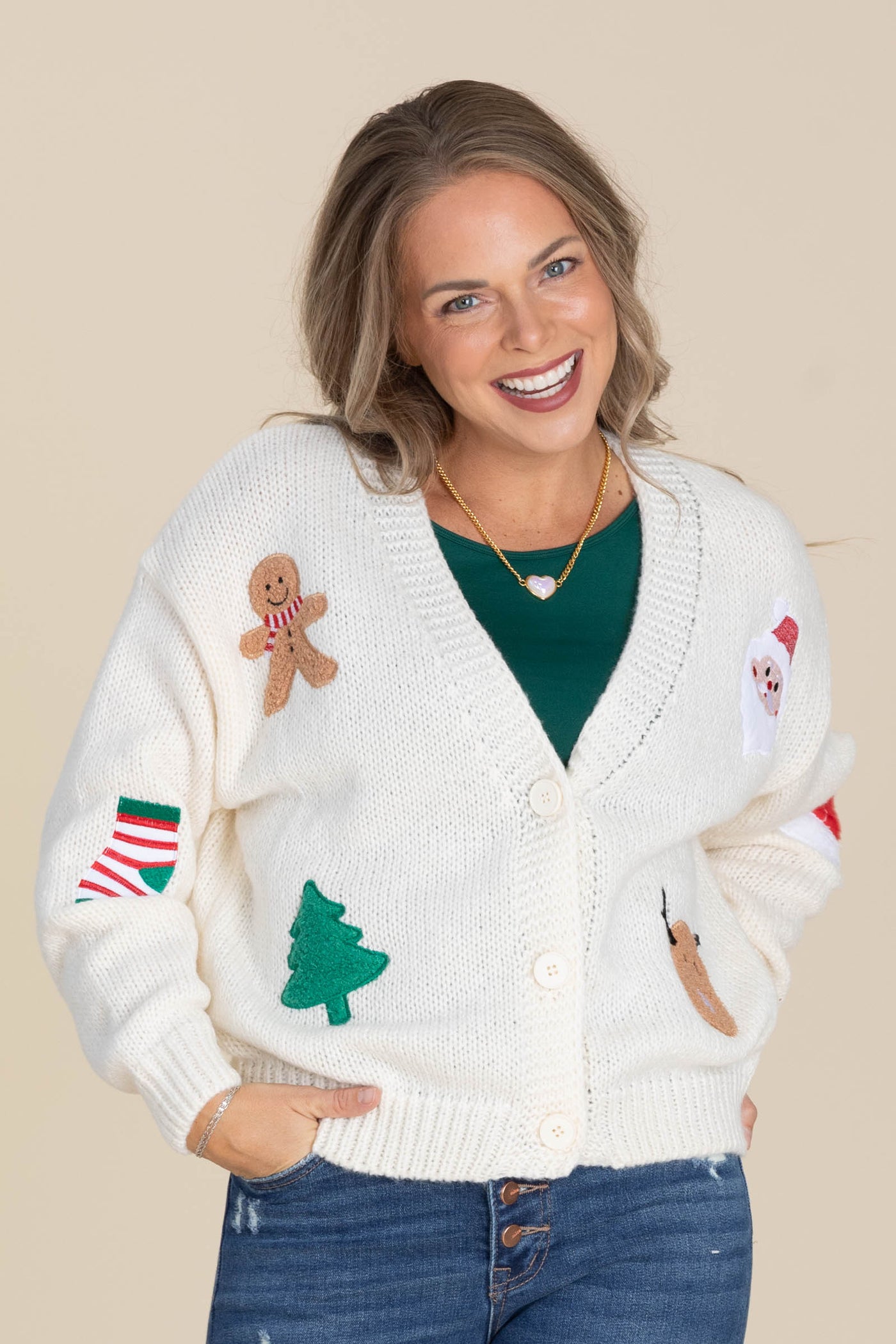 Ivory Christmas Patches Cardigan