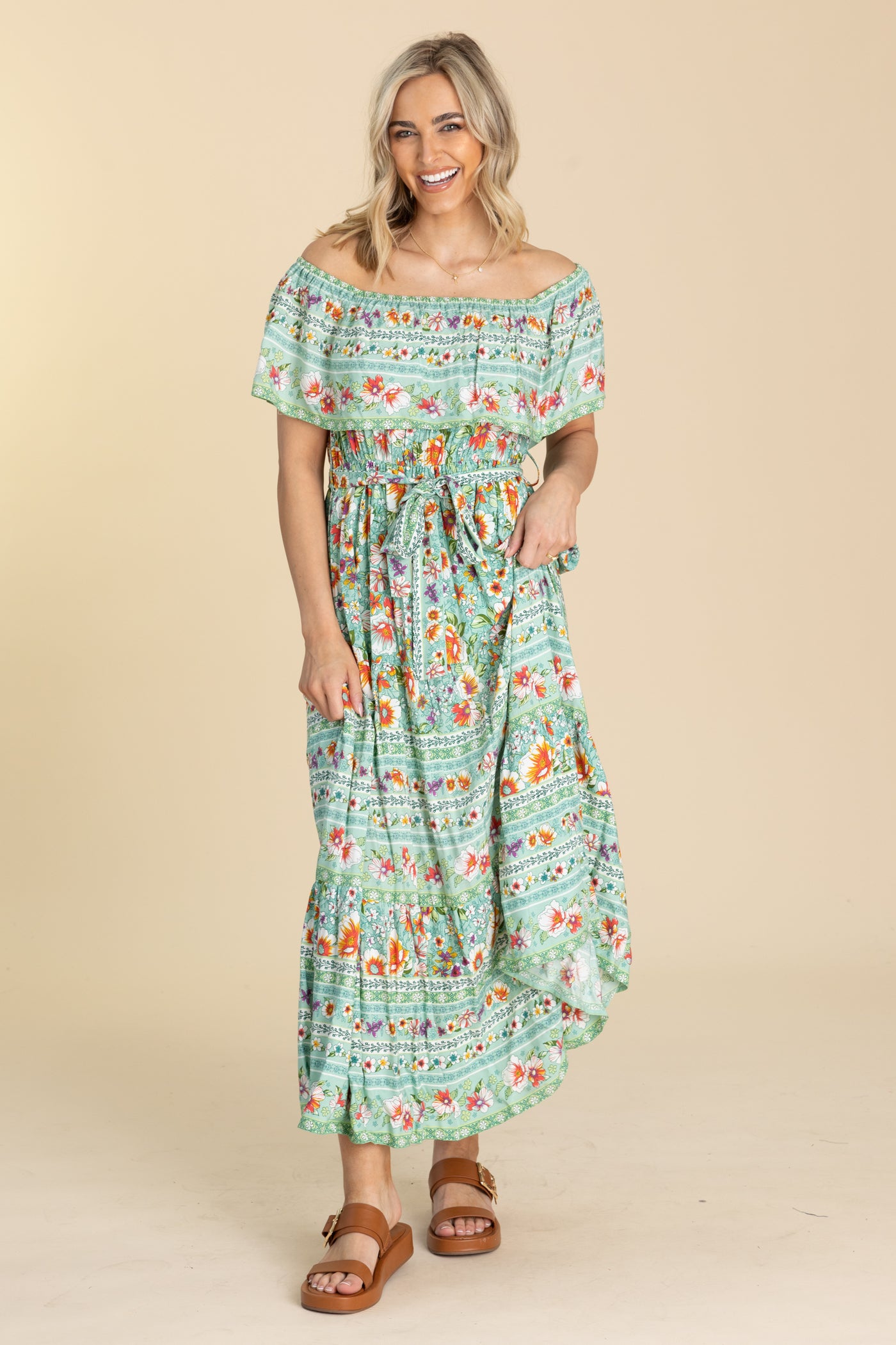 Mint Boho Off The Shoulder Maxi Dress