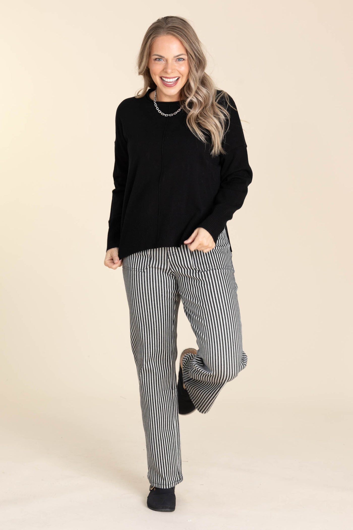 Mica Black And Ivory Stripe Straight Leg Jean